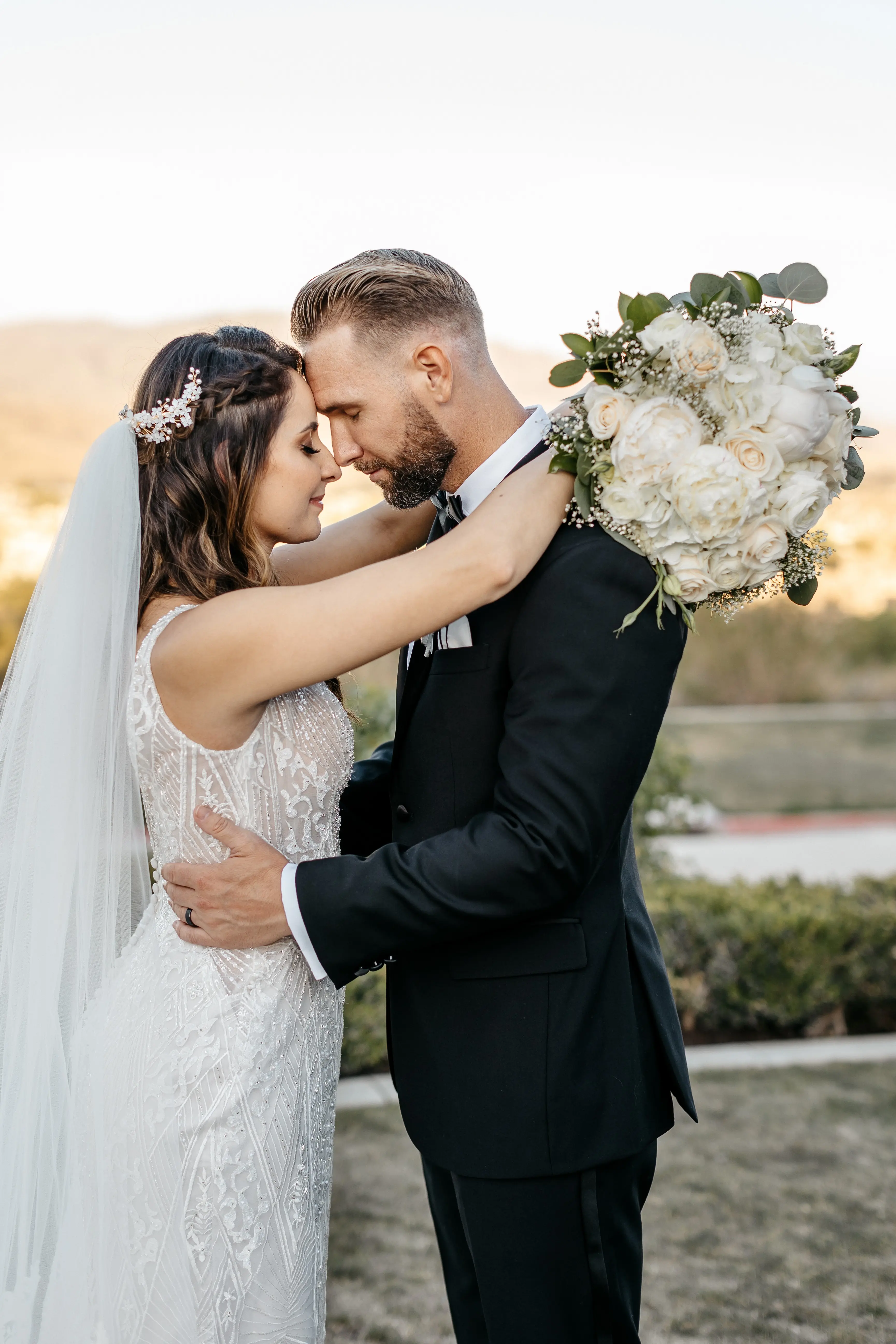 Groom With Bride Wearing Art Deco Wedding Dress Elaine By Maggie Sottero