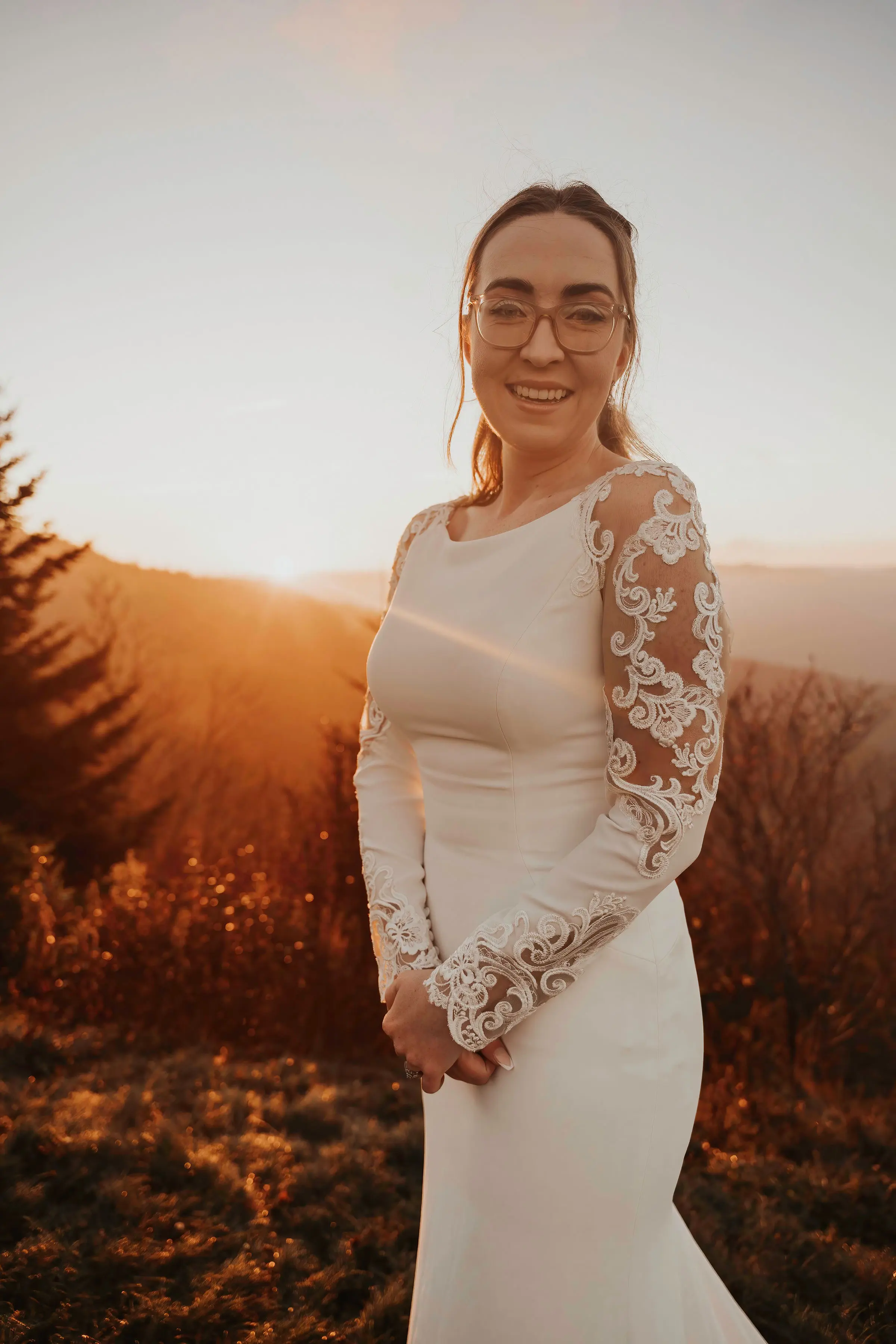 Bride Wearing Simple Long Sleeve Wedding Dress Called Bethany By Rebecca Ingram