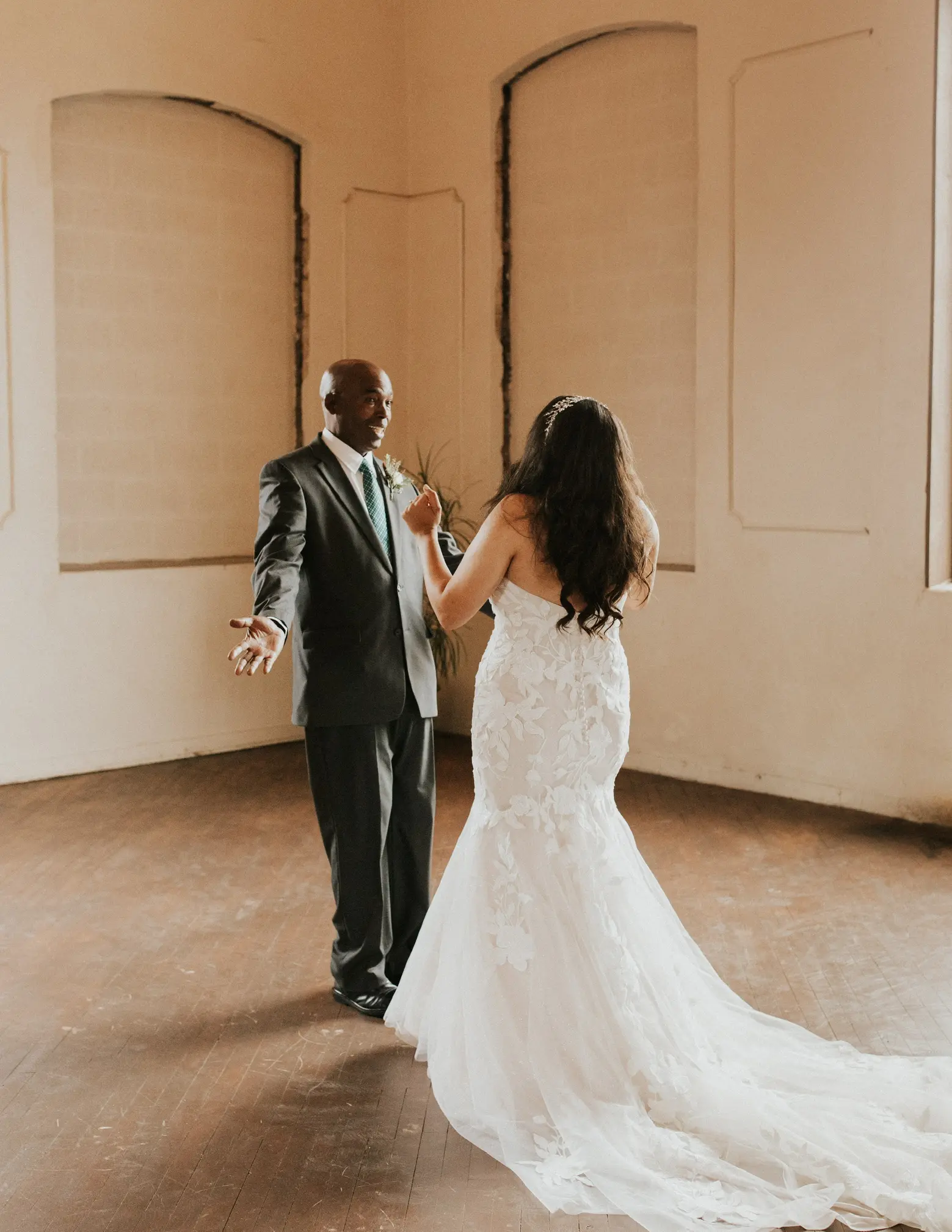 Father's First Look at Bride Wearing Wedding Dress Called Hattie by Rebecca Ingram