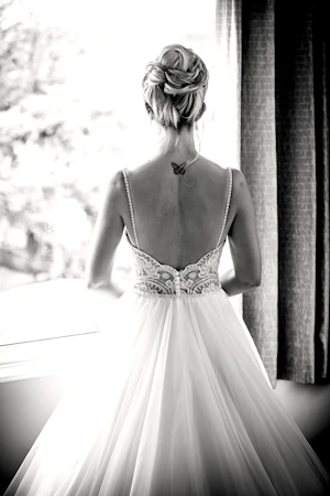 Back of bride wearing wedding dress called Mallory.