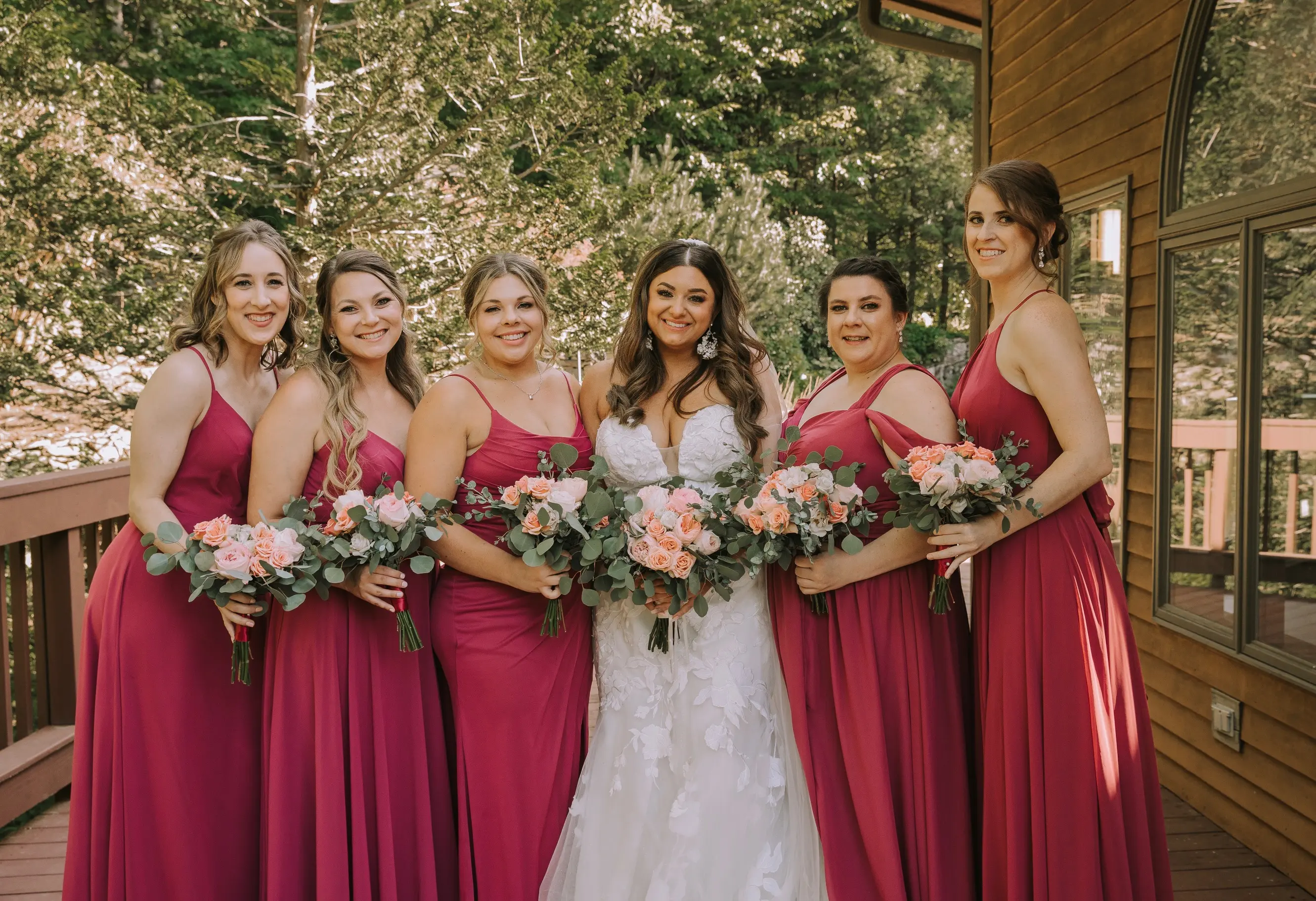 Bride Wearing Lace Mermaid Wedding Gown Called Hattie By Rebecca Ingram With Bridesmaids