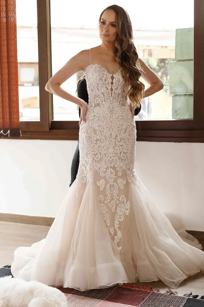 Bride in Premium Fit-and-Flare Bridal Gown with Beaded Lace Motifs Alistair by Maggie Sottero