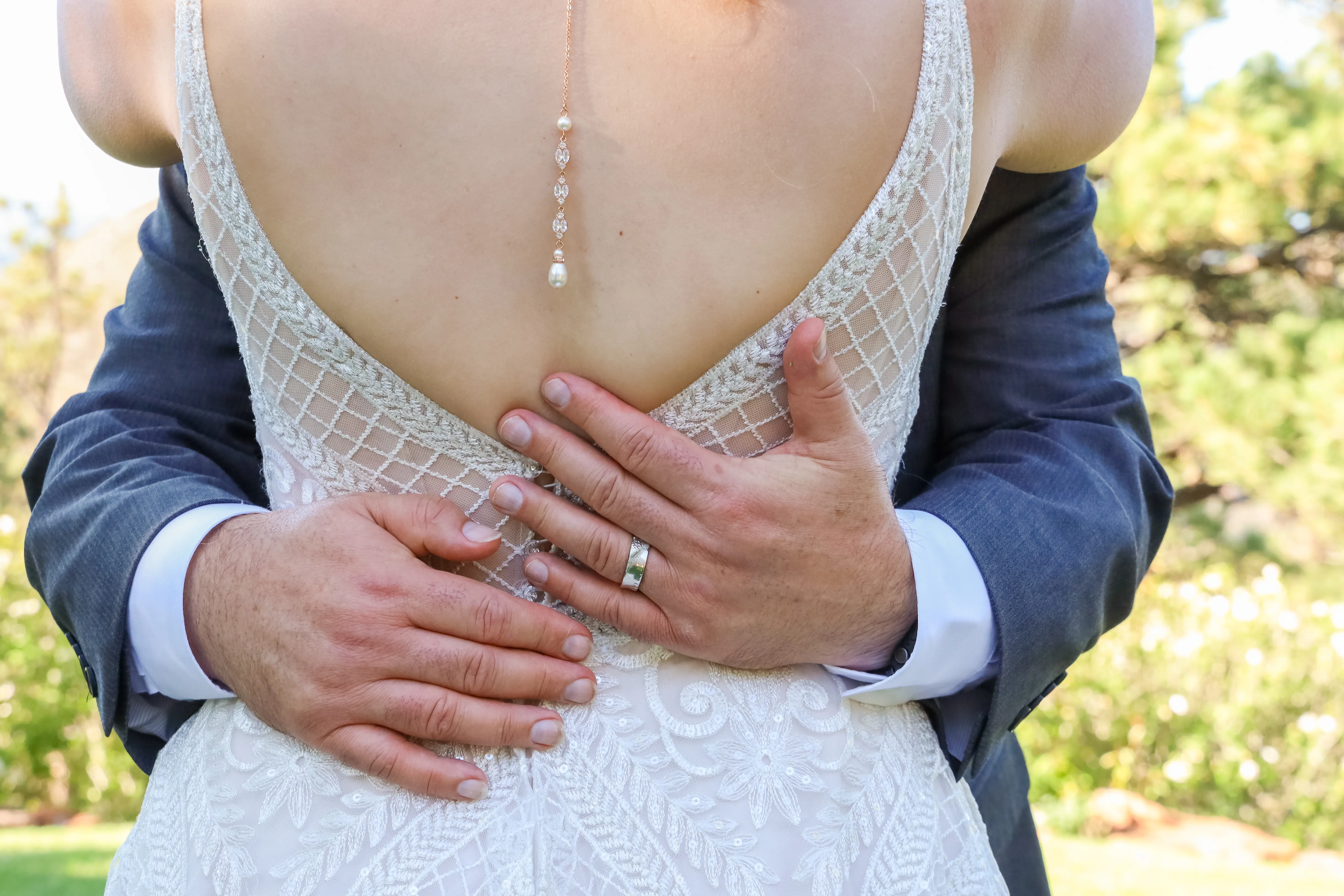 Groom With Bride Wearing Boho Princess A-Line Wedding Dress Roxanne By Sottero And Midgley