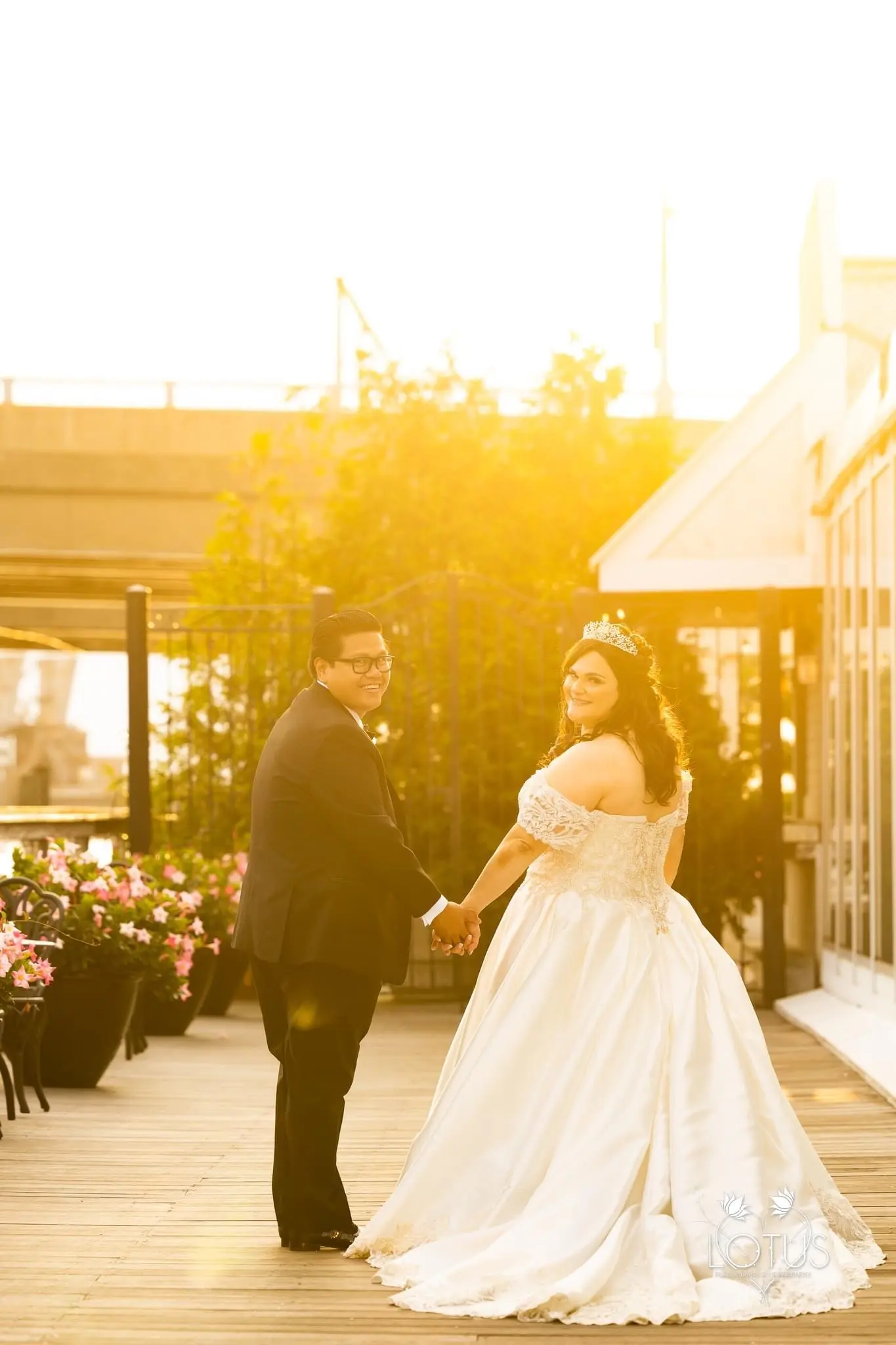 Bride in Satin Ball Gown Wedding Dress Featuring Decadent Beaded Lace Bodice, Kimora by Sottero & Midgley with Groom