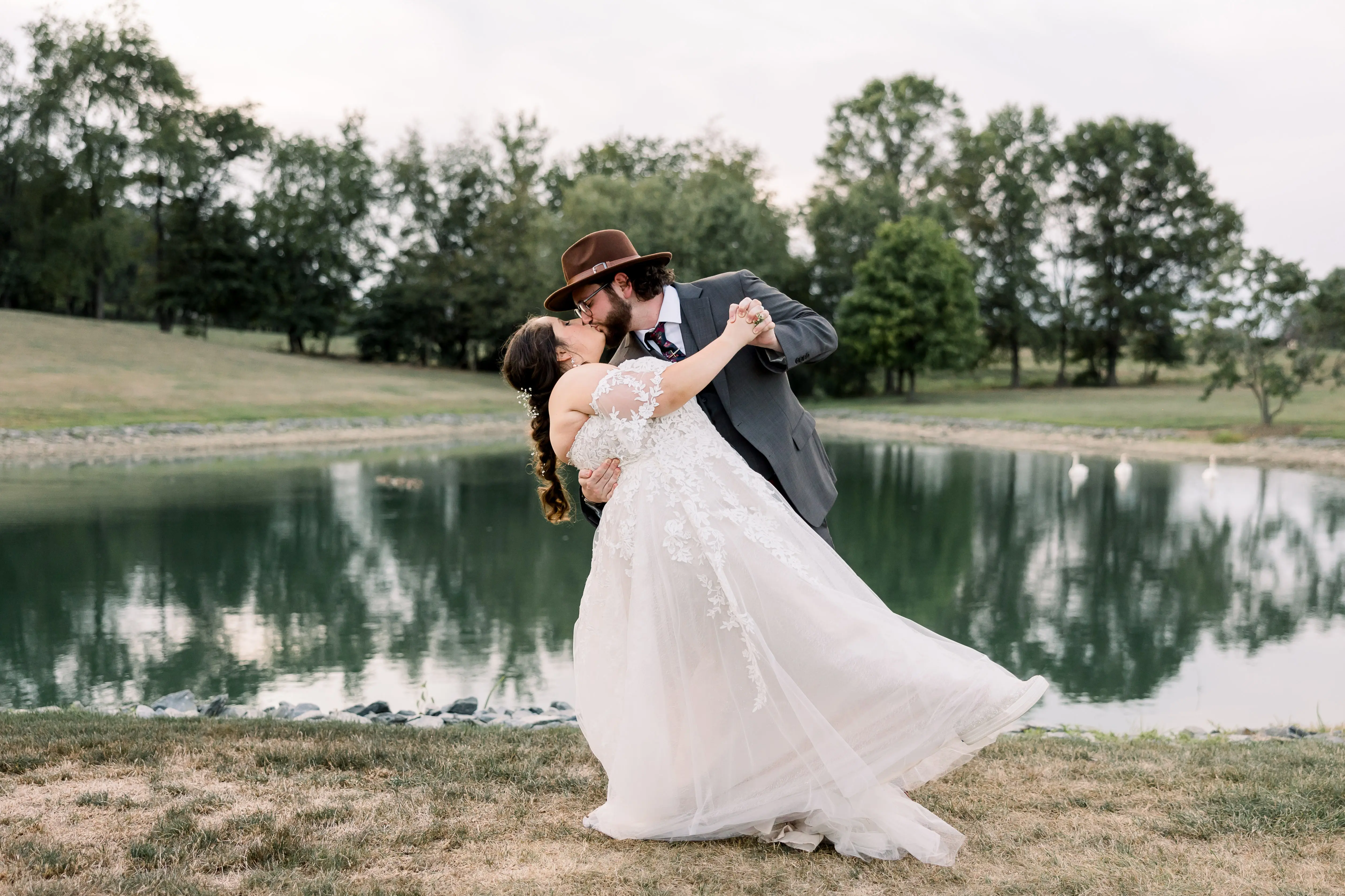 Plus Size Bride In Lace A-Line Wedding Dress Called Nora By Maggie Sottero With Groom