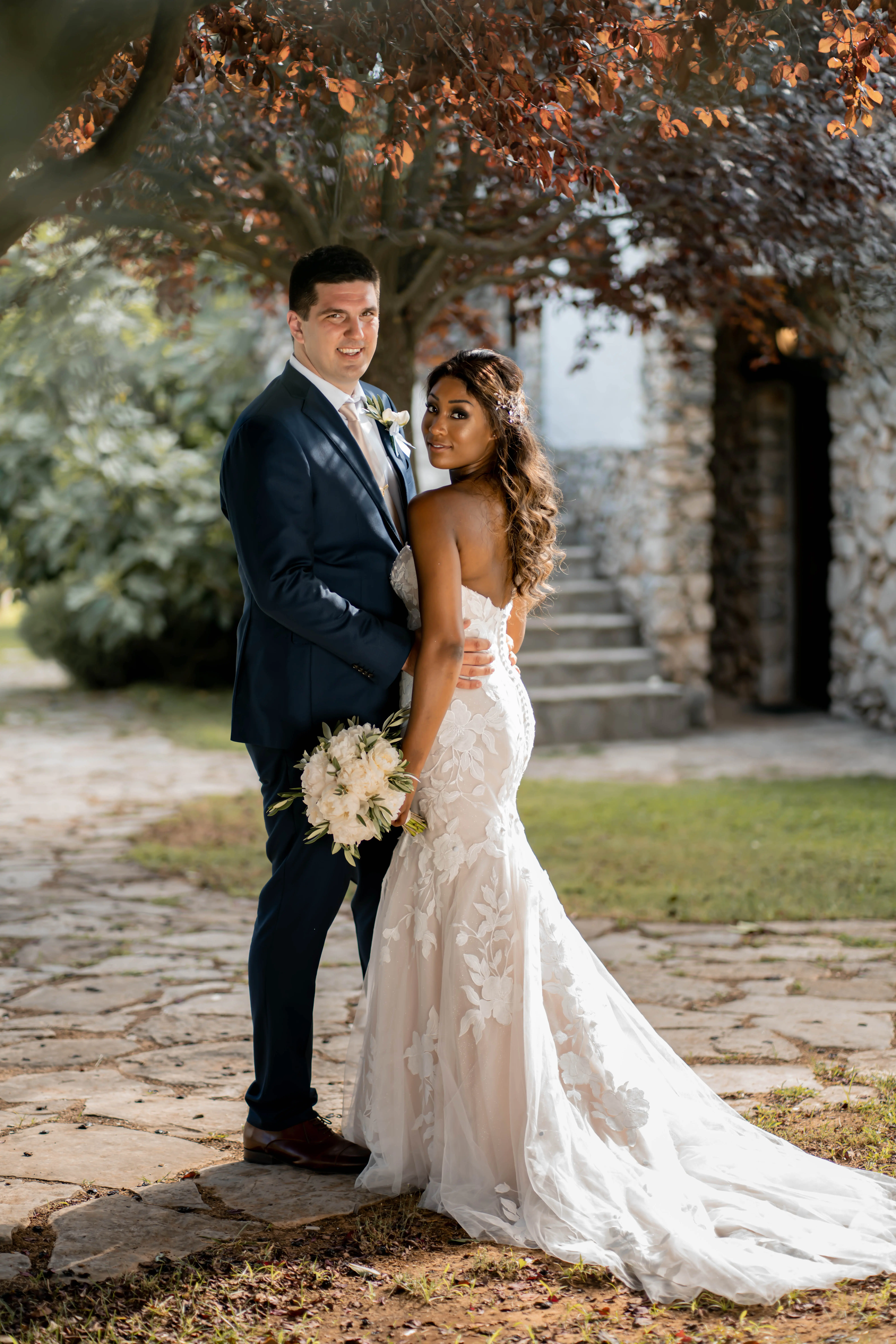 Groom With Bride Wearing Mermaid Wedding Dress With Oversized Lace Hattie By Rebecca Ingram
