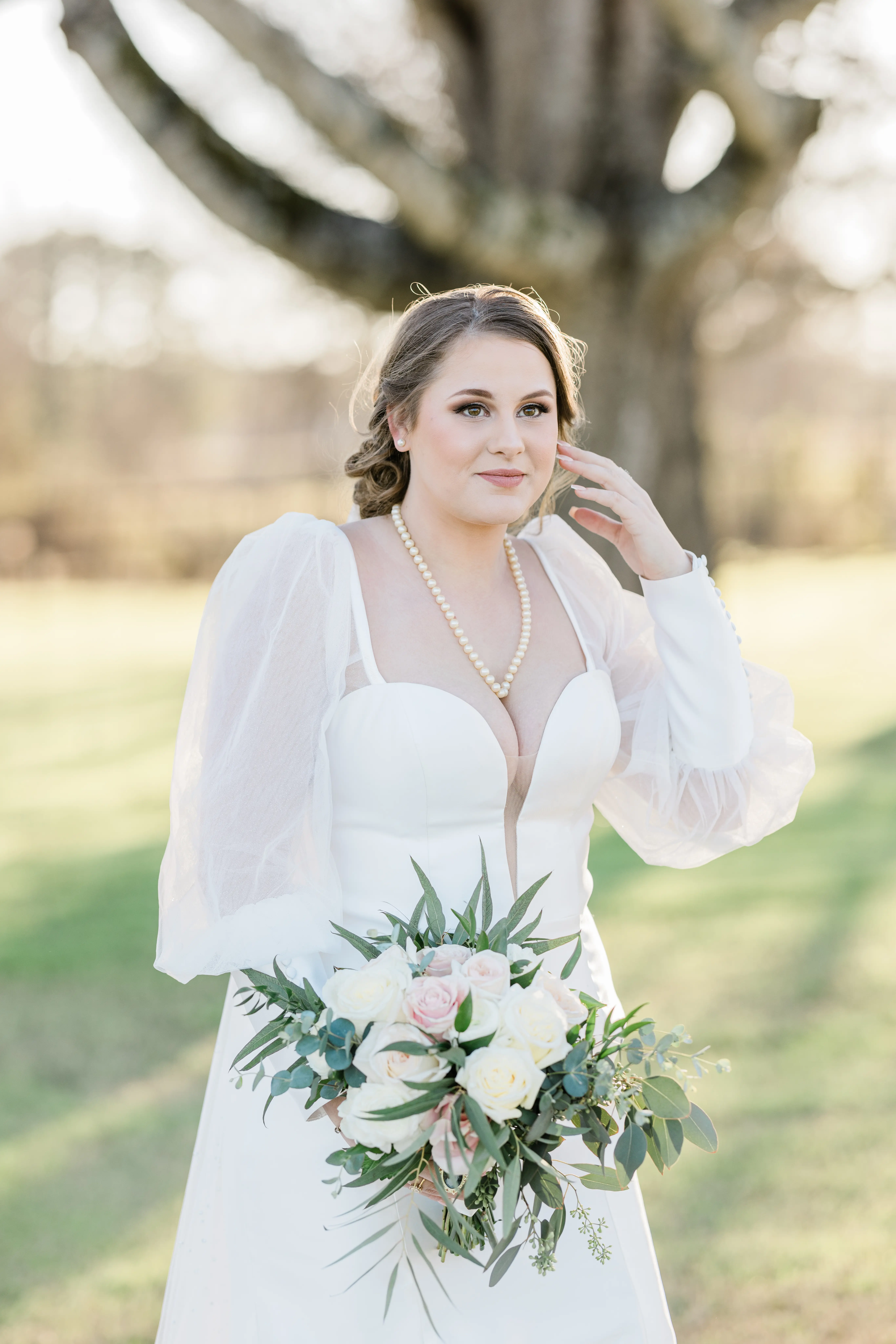 Modern Bride Wearing Mikado Mermaid Wedding Dress With Puff Sleeves Called Pippa By Rebecca Ingram
