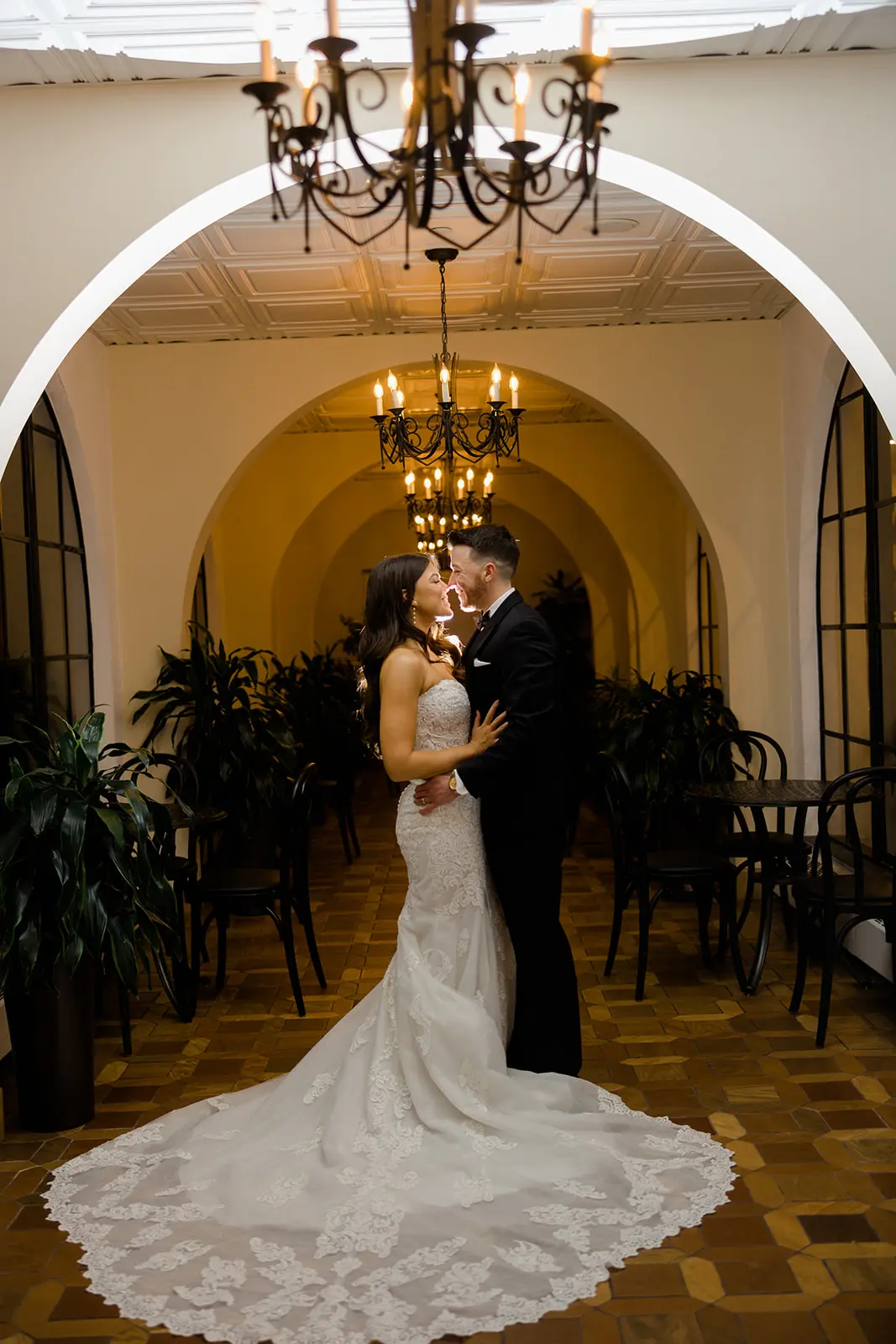 Bride Wearing Sparkly Lace Wedding Dress Called Fiona By Maggie Sottero And Groom Embracing