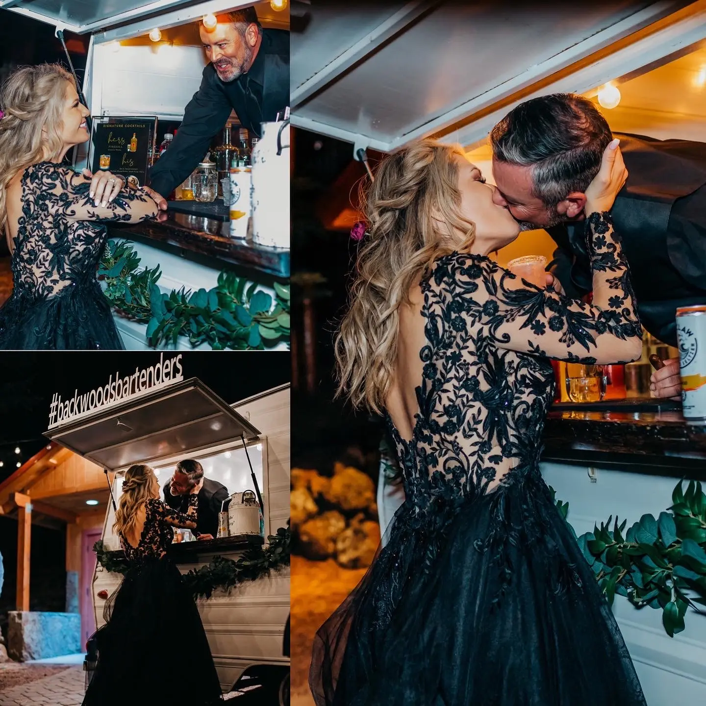 Bride Wearing Black Lace Ballgown Wedding Dress Called Zander By Sottero And Midgley At The Beverage Truck With Groom