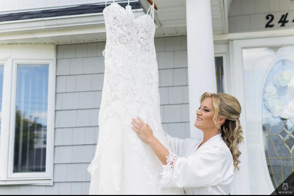 Real Bride with Sparkly Lace Fit-and-Flare Bridal Dress with Scalloped Illusion Lace Train Called Fiona by Maggie Sottero