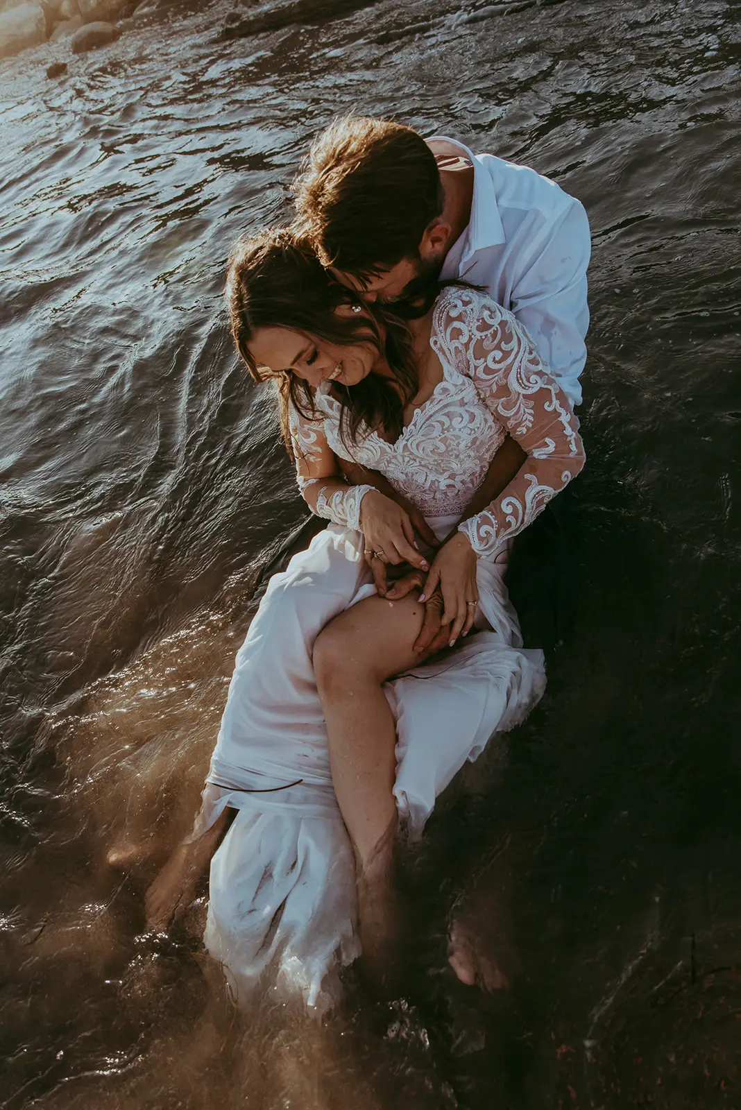 Groom With Bride Wearing Illusion Lace Long Sleeved Wedding Dress Lorraine Dawn By Rebecca Ingram