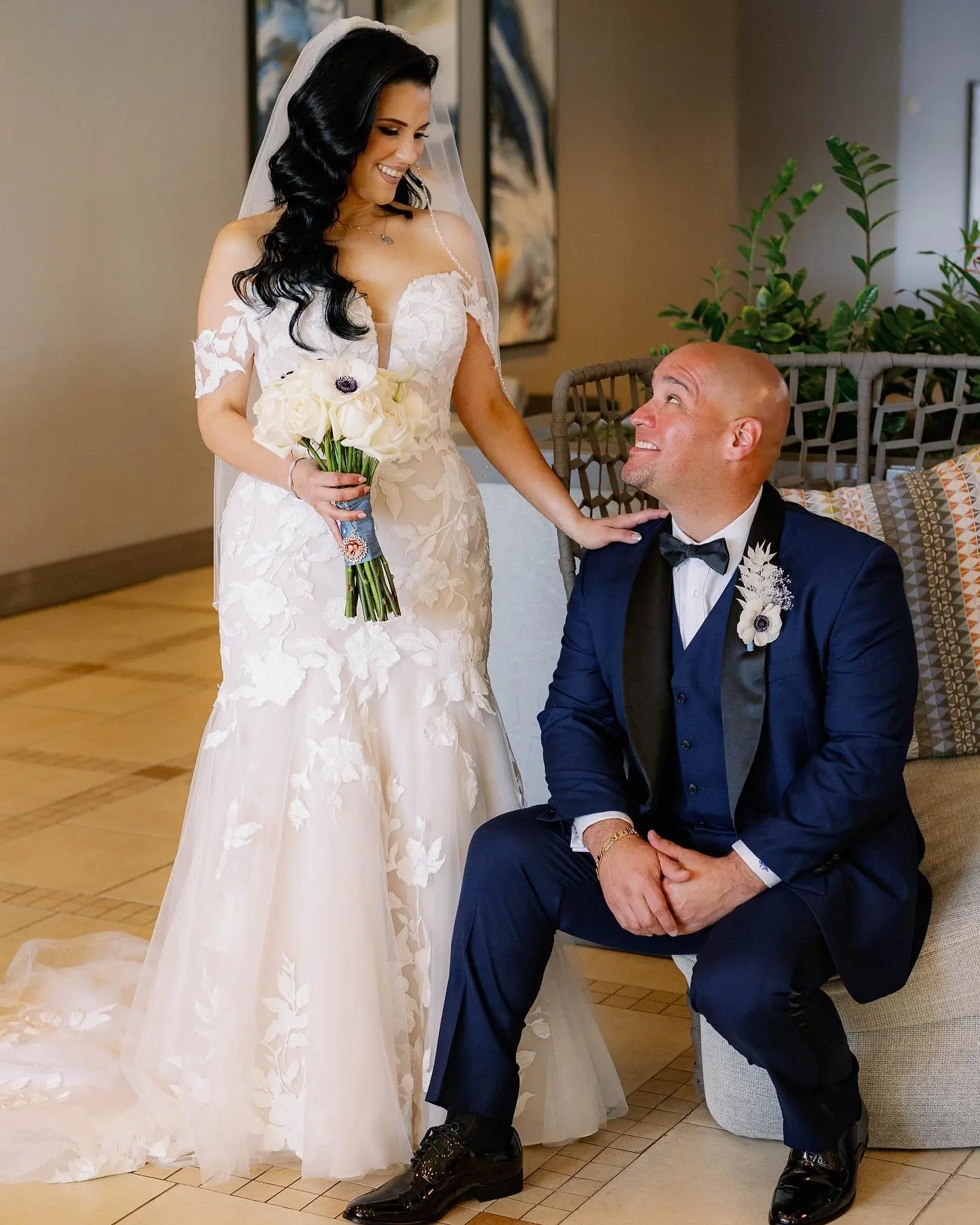 Bride Wearing Lace Mermaid Wedding Gown Called Hattie By Rebecca Ingram With The Groom