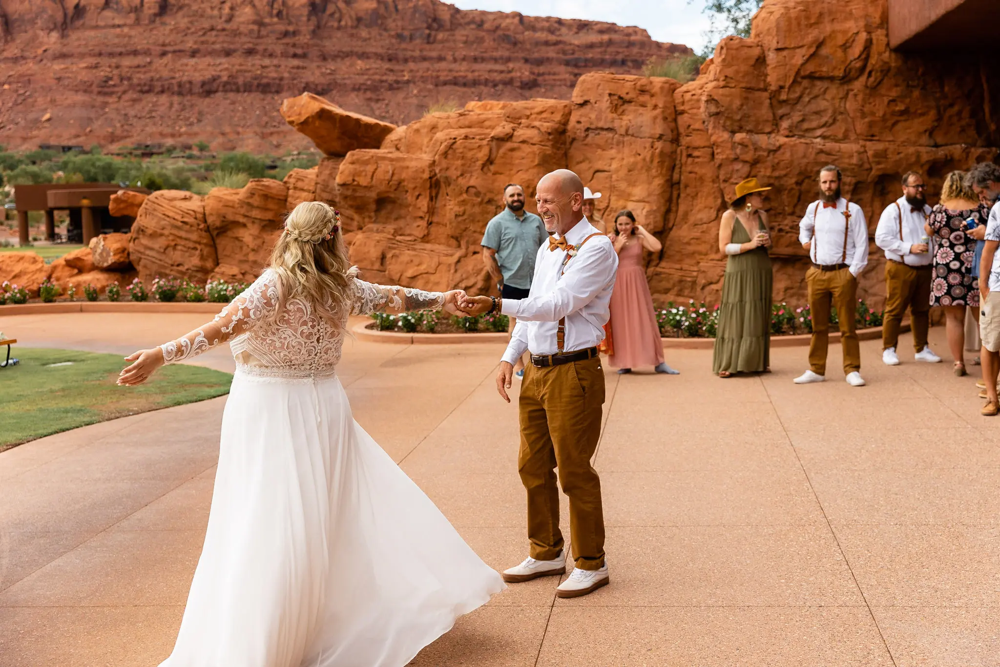 Real Bride in Long Sleeved, Thigh-High Slit Wedding Dress Named Lorraine by Rebecca Ingram Father-Daughter Dance