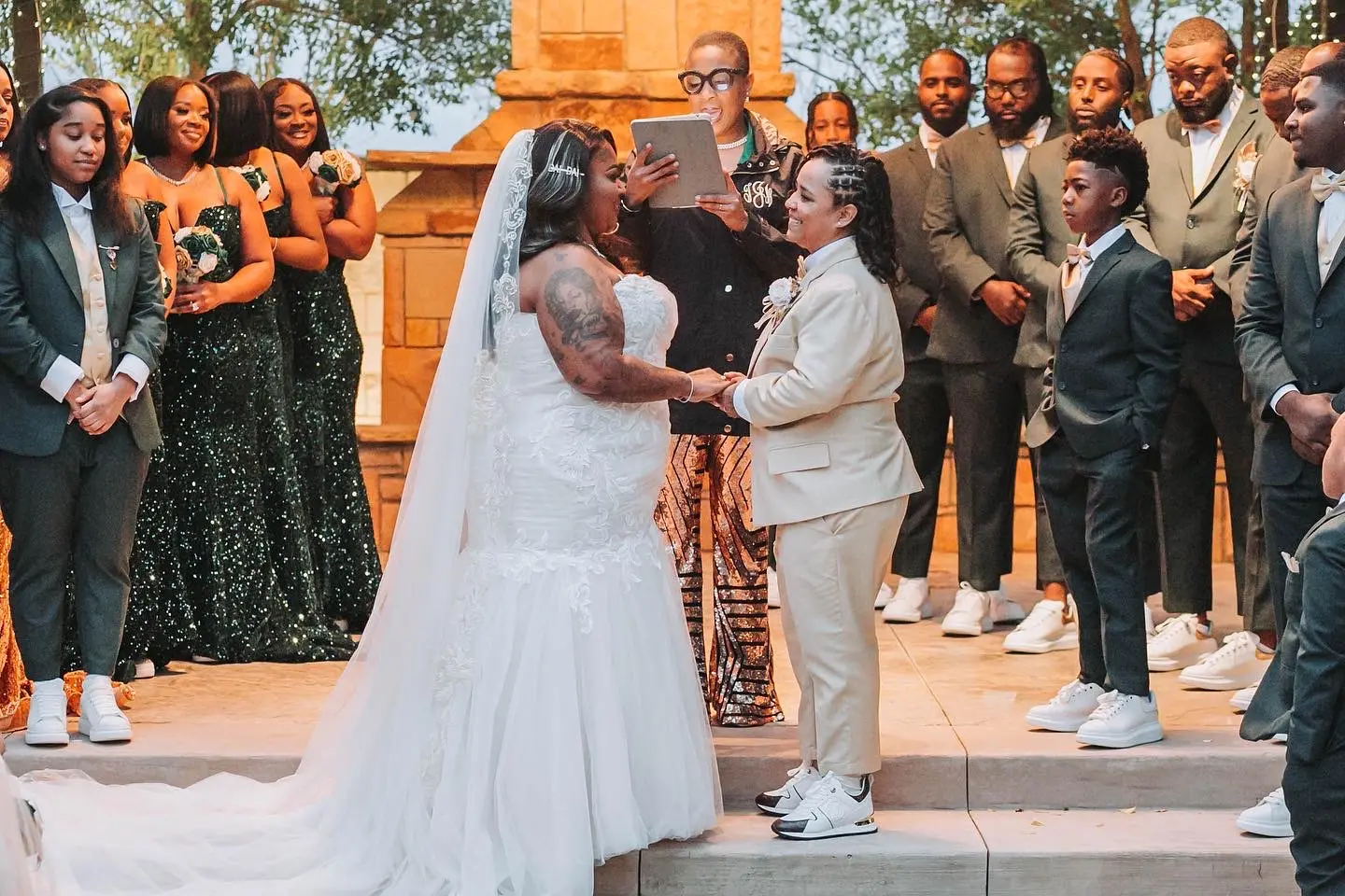 Real Bride in Ruched Tulled Mermaid Wedding Dress with Beaded Lace Motifs Called Georgia by Rebecca Ingram