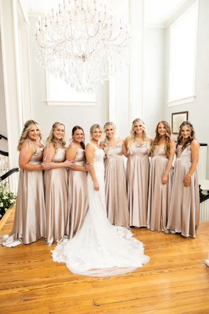 Bride In Nature-Inspired Square Neck Albany Maggie Sottero With Bridesmaids In Pink