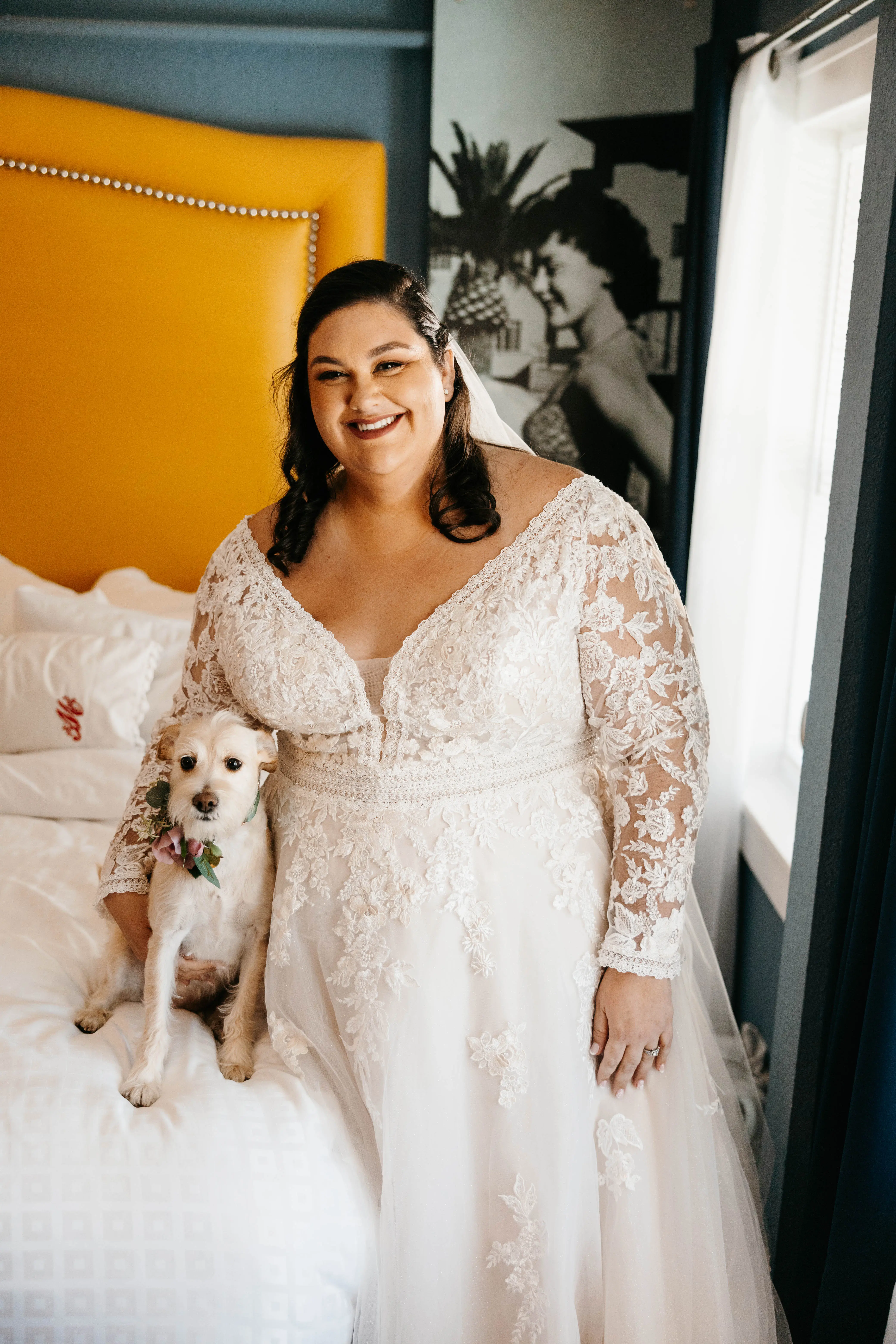 Bride Wearing Illusion Sleeve A-Line Wedding Dress Raphael By Maggie Sottero