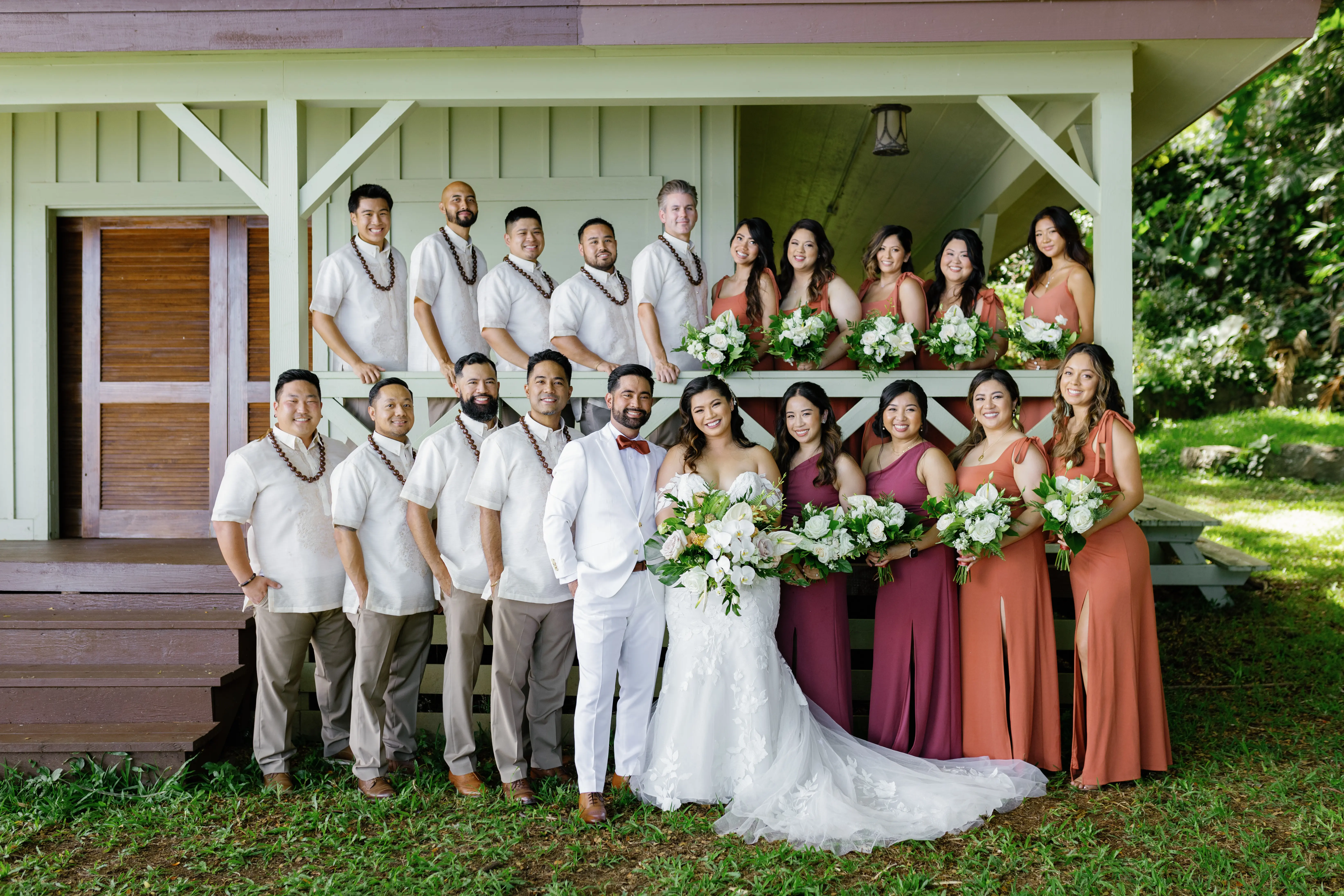 Bride Wearing Lace Mermaid Wedding Dress Called Hattie By Rebecca Ingram With Bridal Party