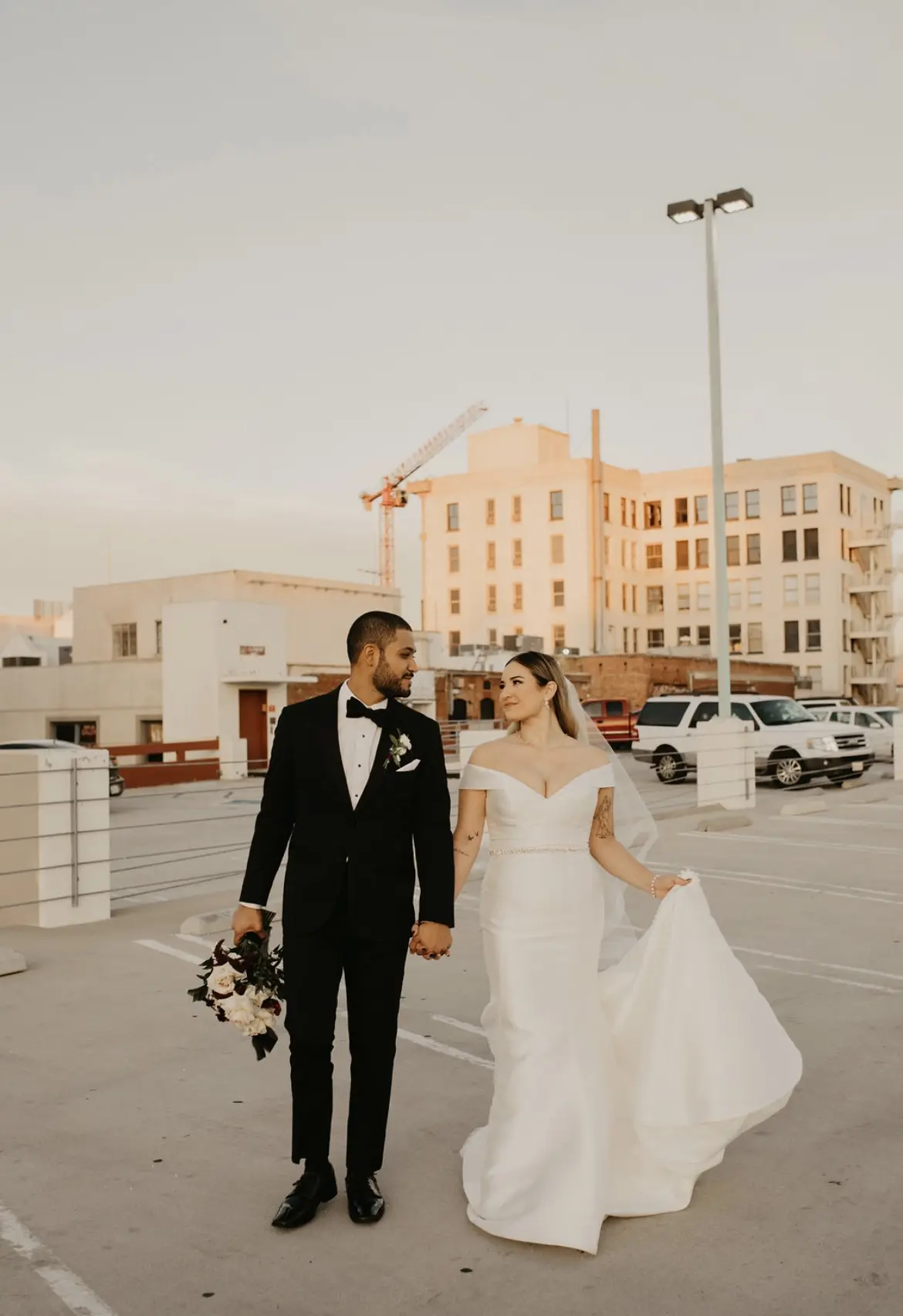 Bride In Off-the-Shoulder Fit-and-Flare Josie Rebecca Ingram With Groom