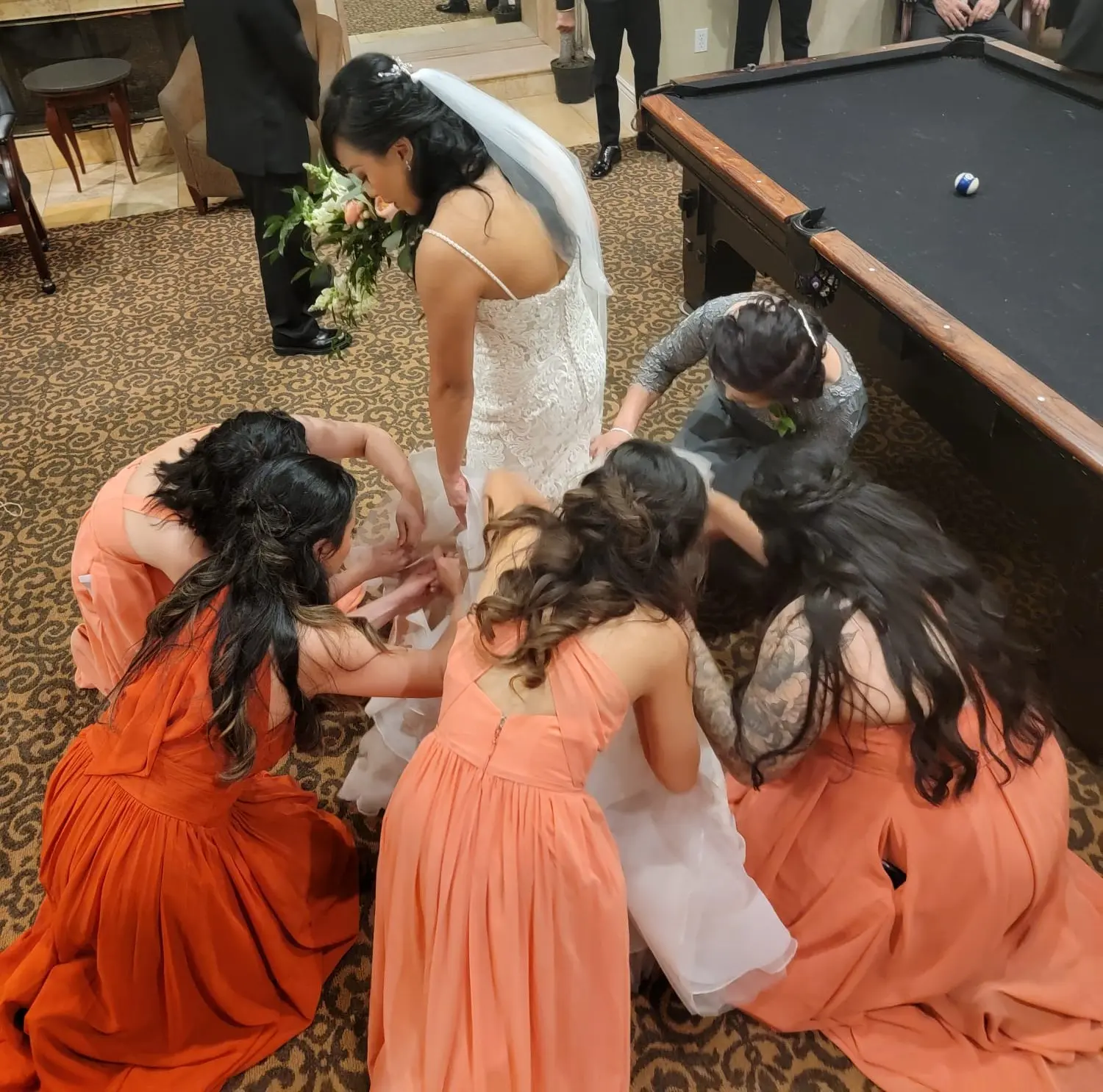 Bride Wearing Lace Fit and Flare Wedding Dress by Maggie Sottero Bride With Bridesmaids