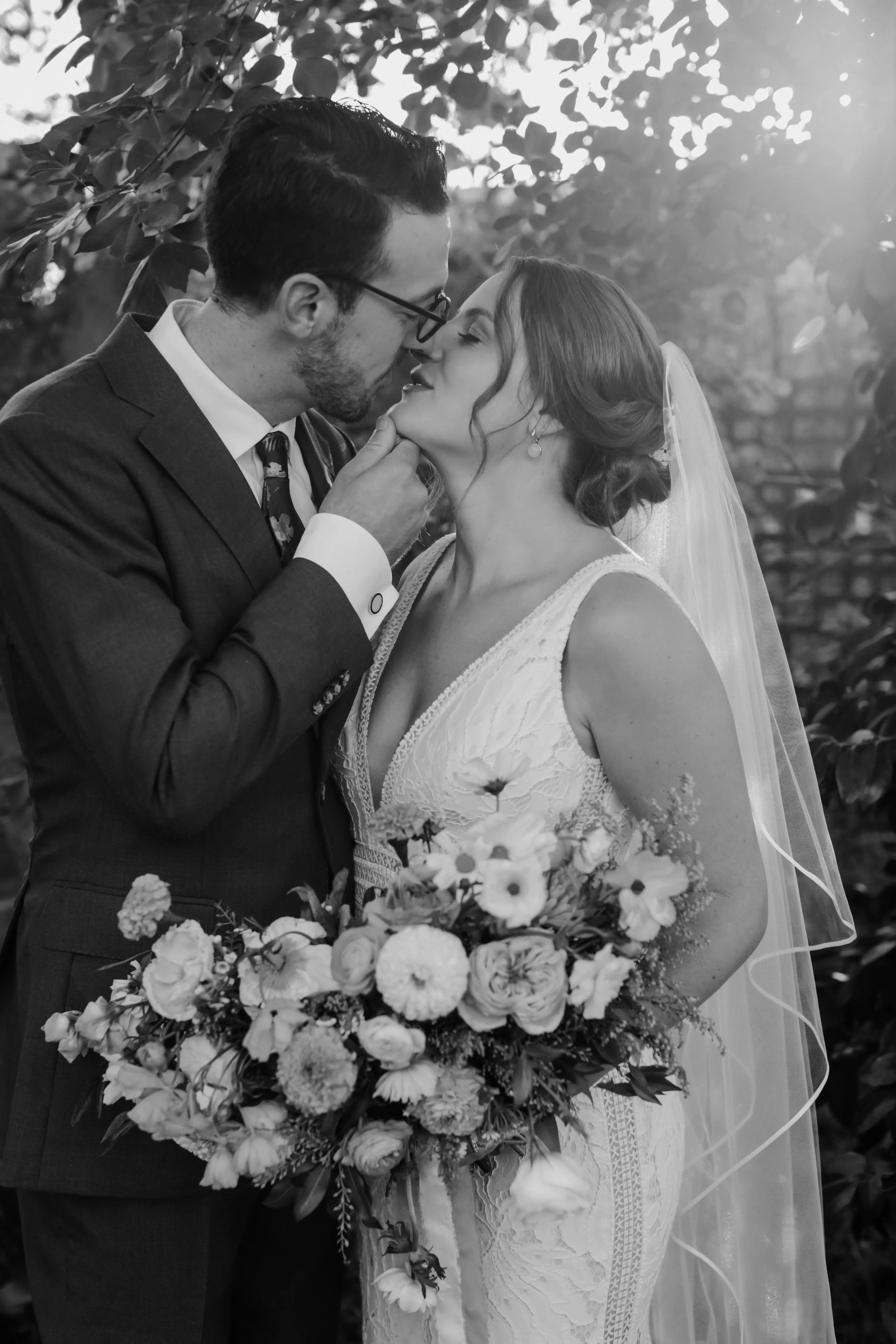 Bride wearing sexy boho lace wedding dress.