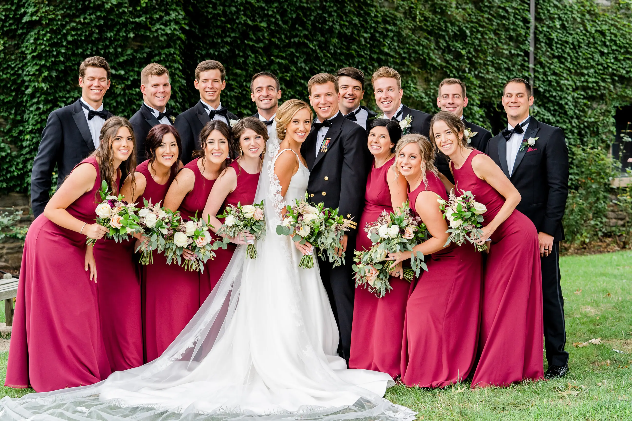 Bride wearing Simple Ballgown Wedding Dress called Selena by Maggie Sottero with the bridal party