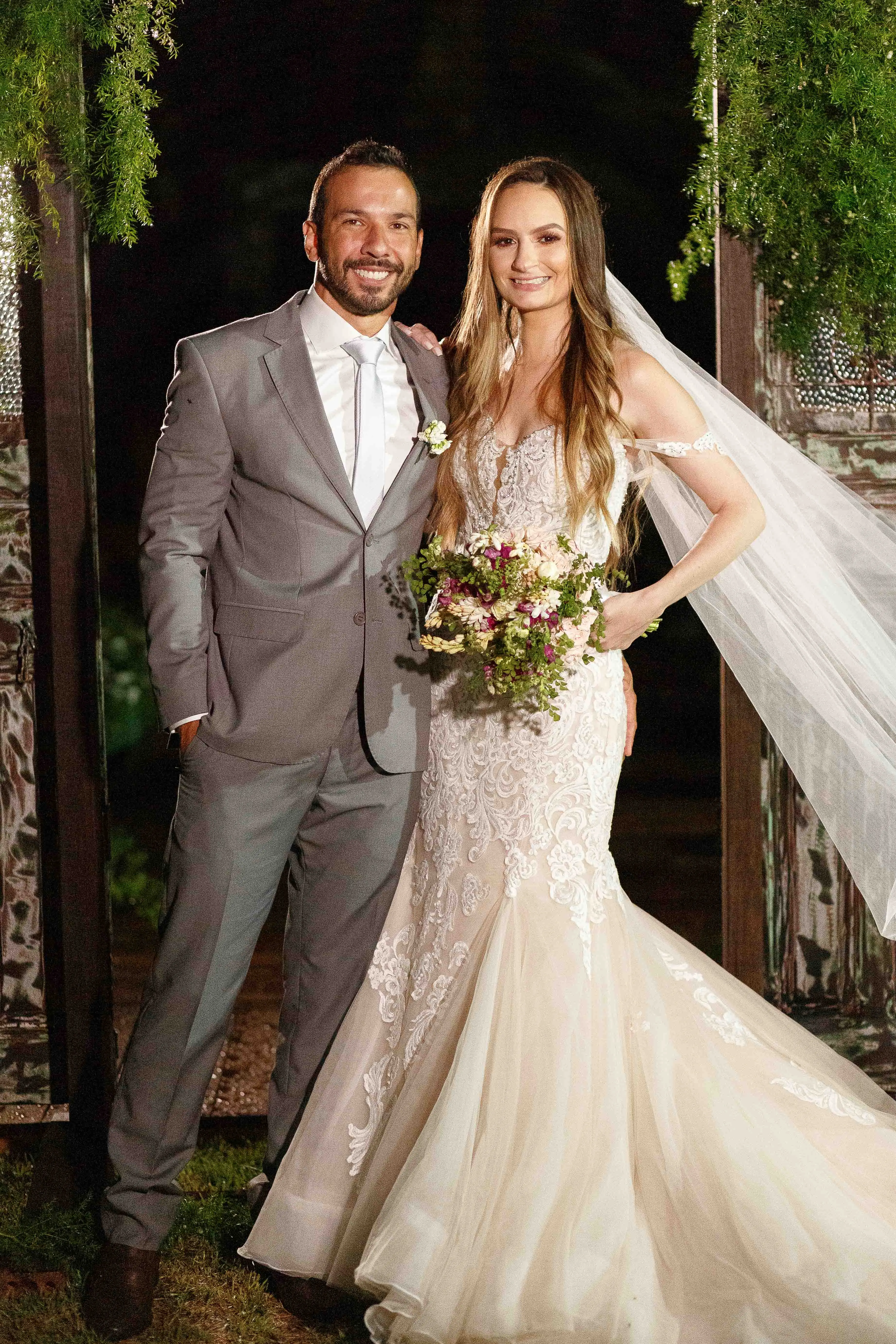 Beautiful Bride in Premium Fit-and-Flare Bridal Gown with Beaded Lace Motifs Alistair by Maggie Sottero with Groom