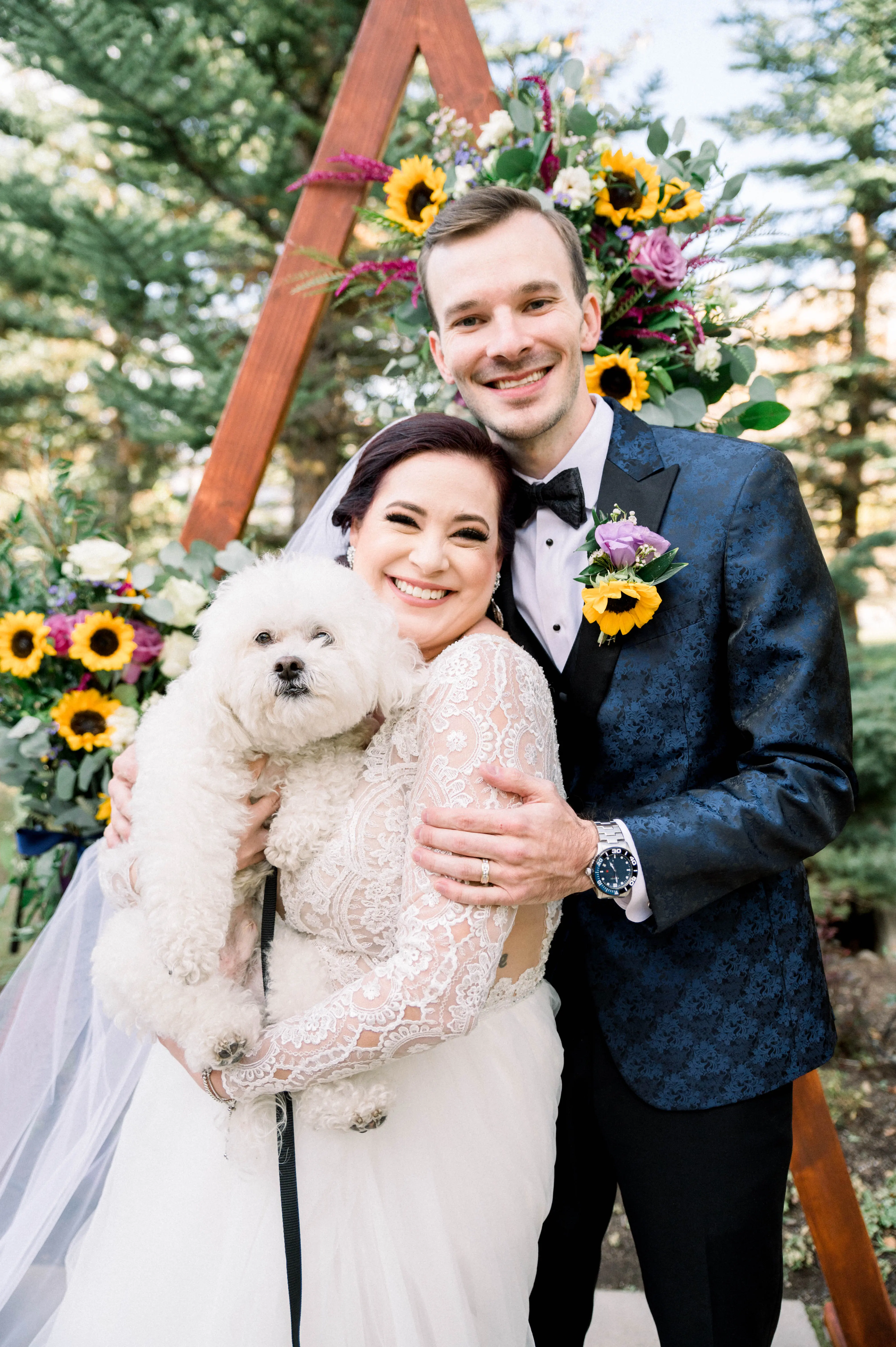 Bride Wearing Princess Wedding Dress Called Mallory Dawn By Maggie Sottero with Groom and Their Dog