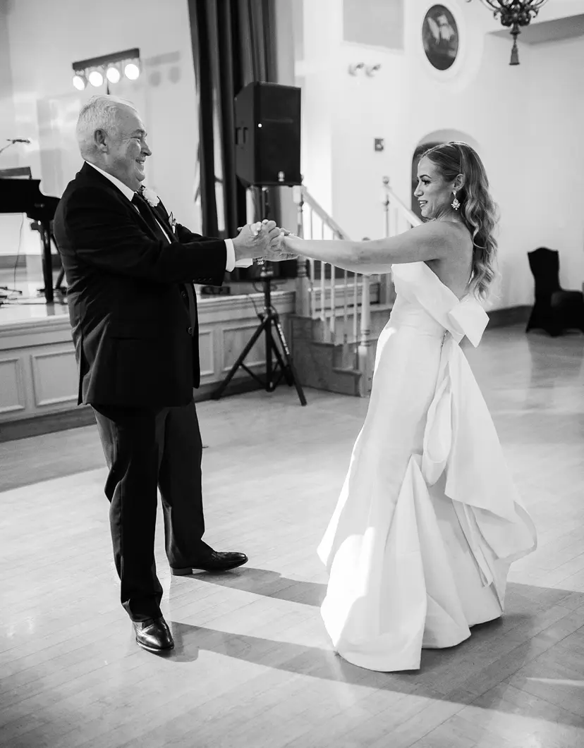Bride wearing unique strapless wedding dress