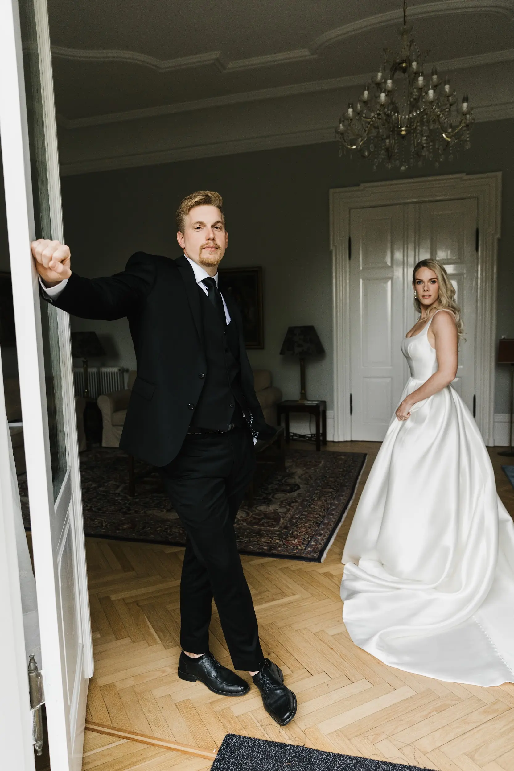 Groom With Bride Wearing Satin Ball Gown Selena By Maggie Sottero