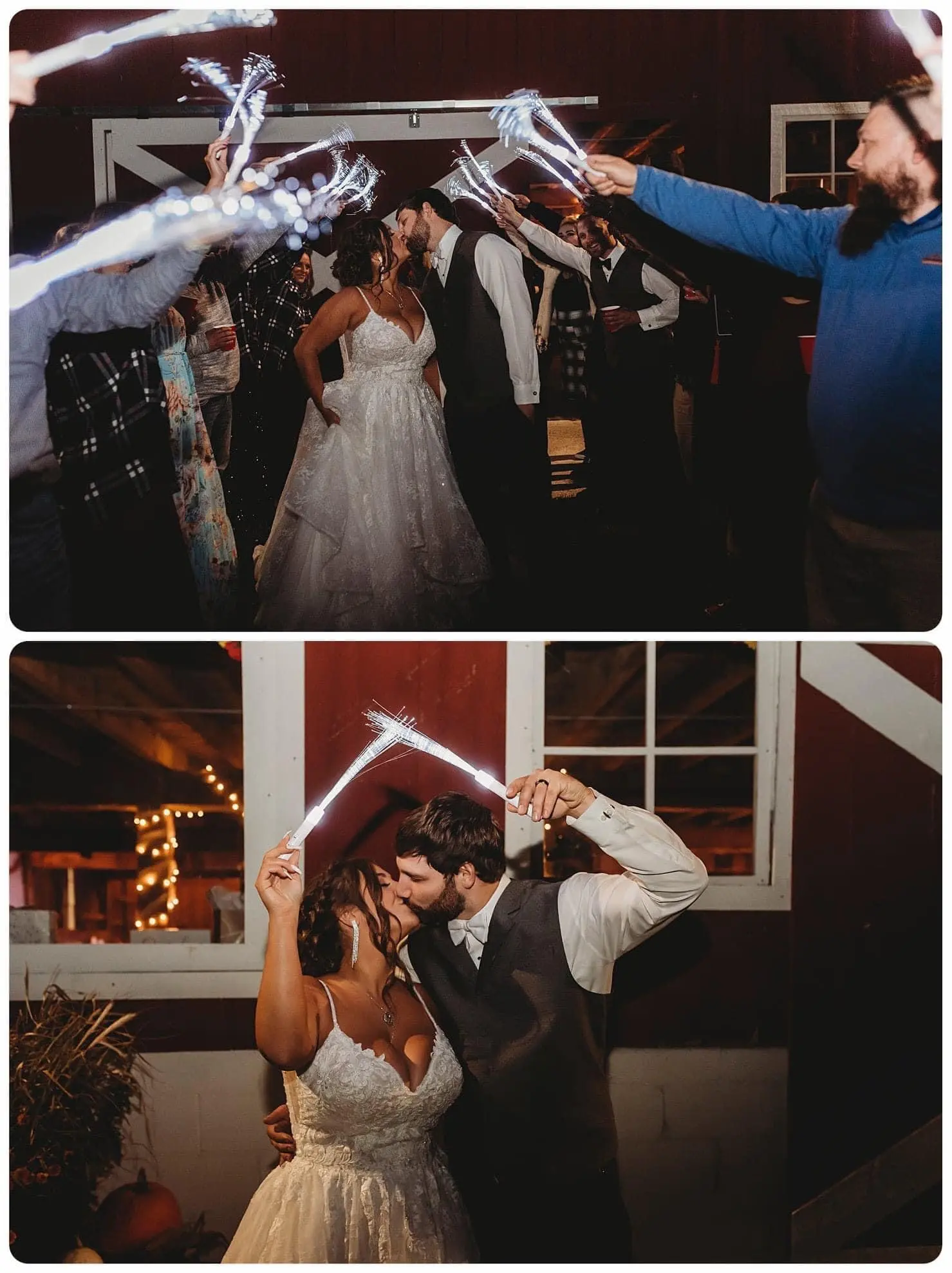 Bride In Lace Ruffled Wedding Dress Called Yuri By Maggie Sottero With Groom During Sparkler Exit