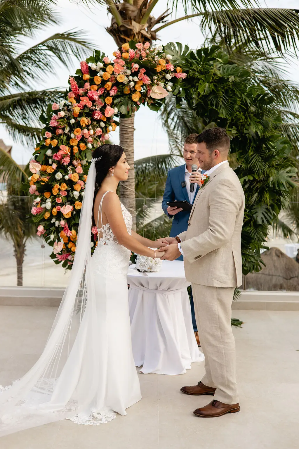 Real Bride in Backless Crepe Bridal Gown with Lace Motifs and Beaded Spaghetti Straps Called Baxley by Maggie Sottero