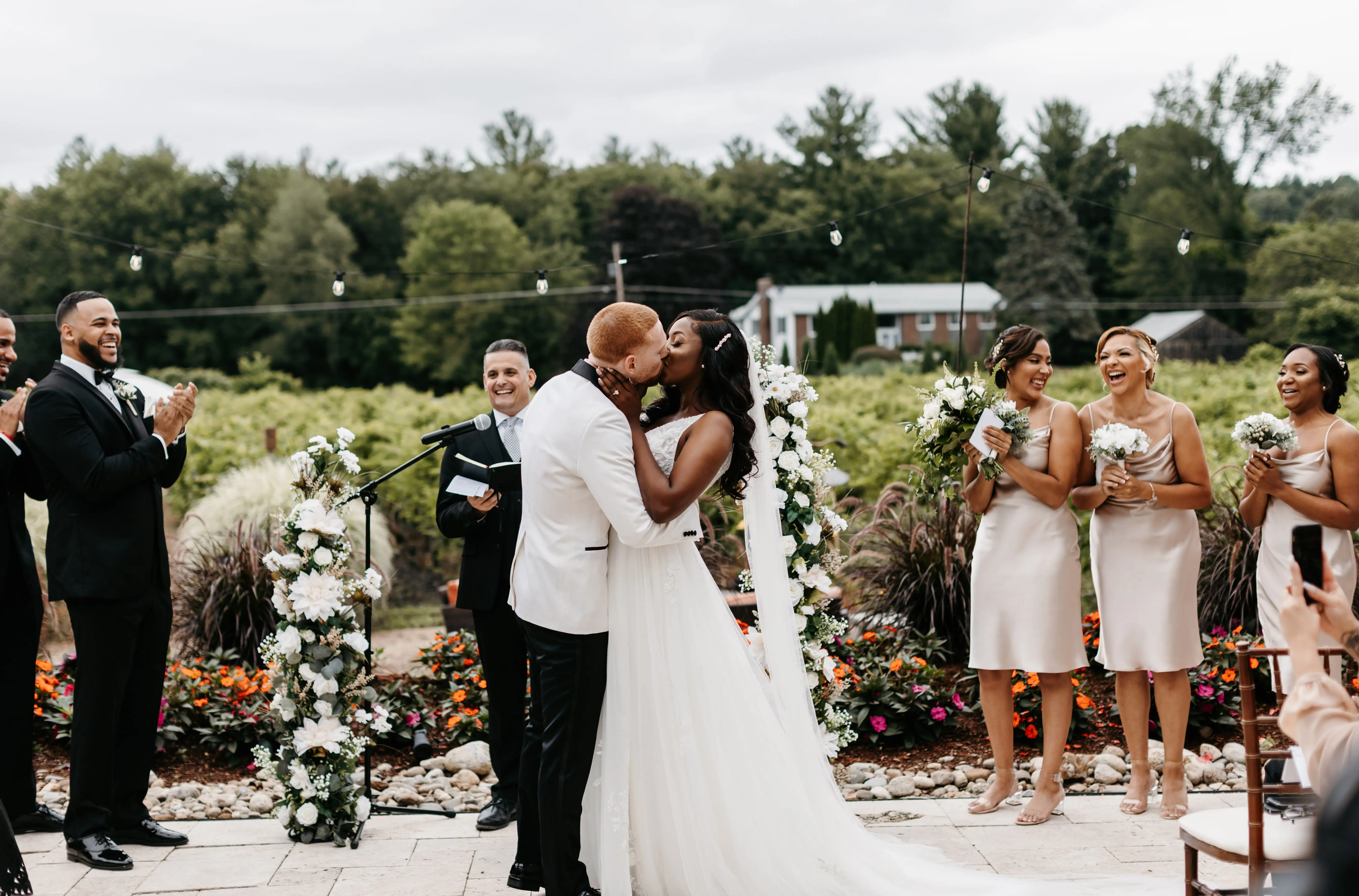 Groom With Bride Wearing Lace A-line Raelynn By Rebecca Ingram