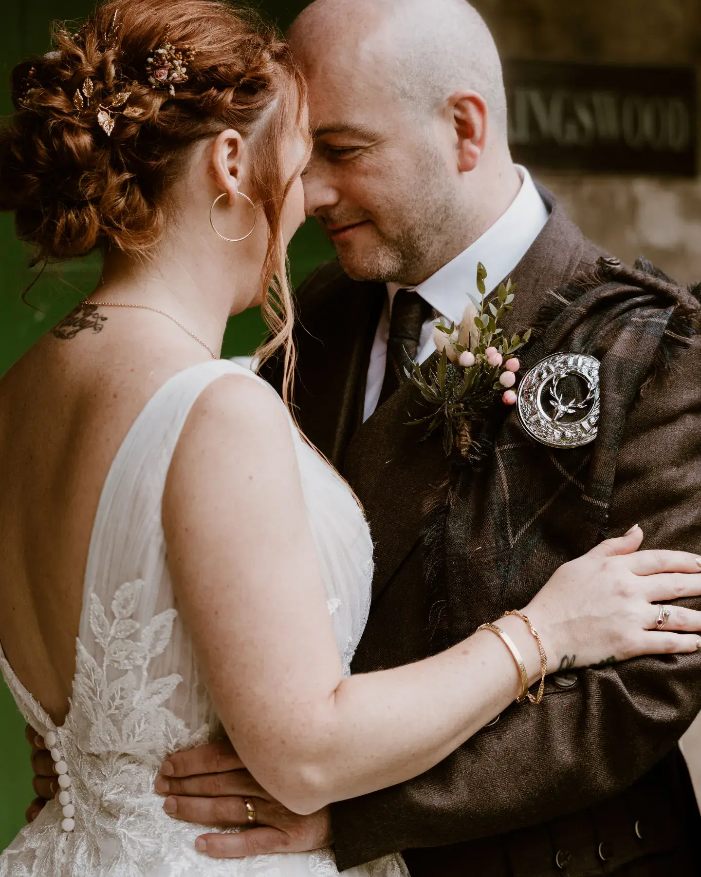 Real Bride in Nature-Inspired Tulle Wedding Dress with Plunging V-Neckline Called Jenessa by Rebecca Ingram