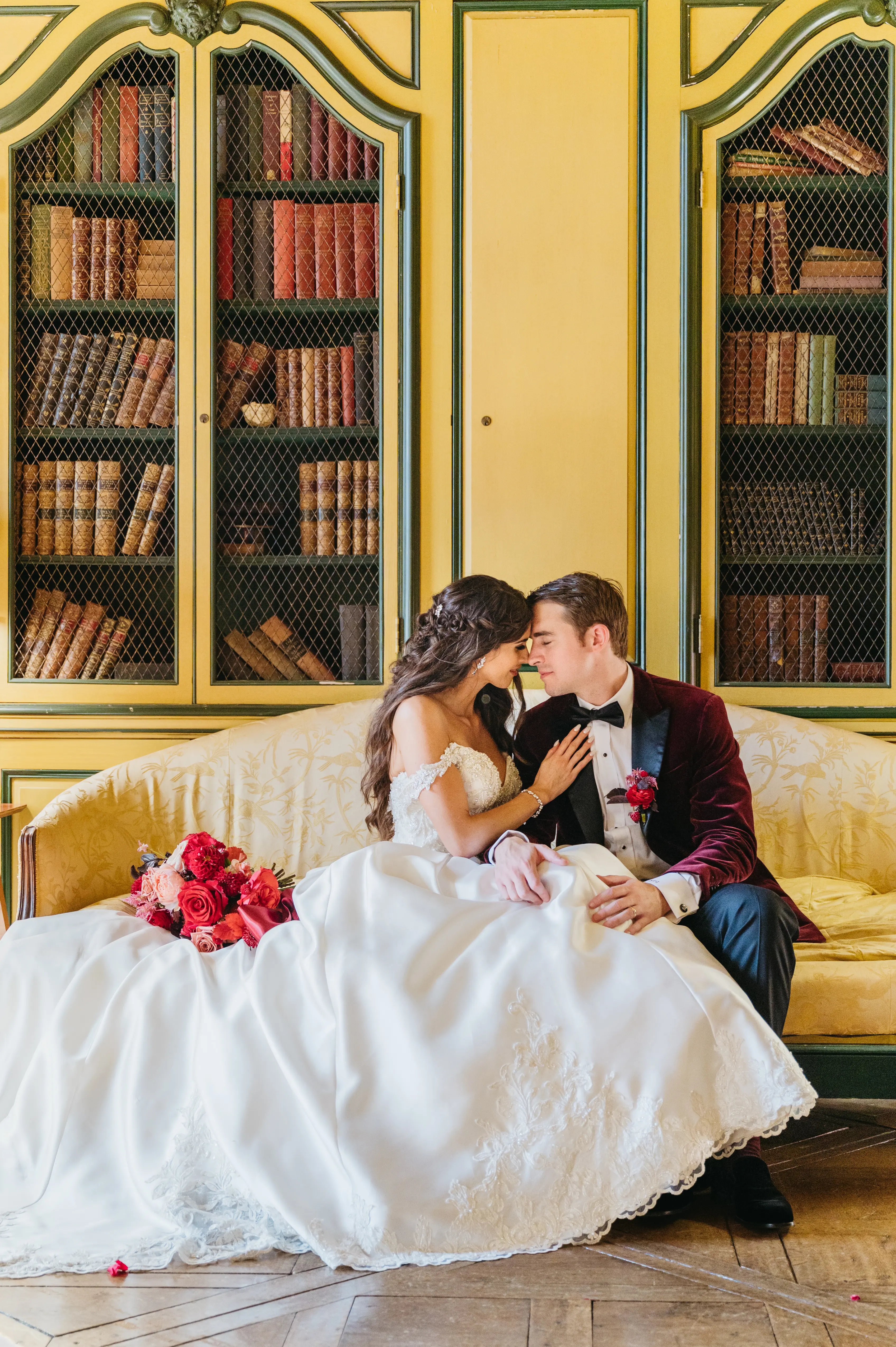 Bride In Satin Ballgown Wedding Dress Called Kimora By Sottero And Midgley With Groom In Vintage Library