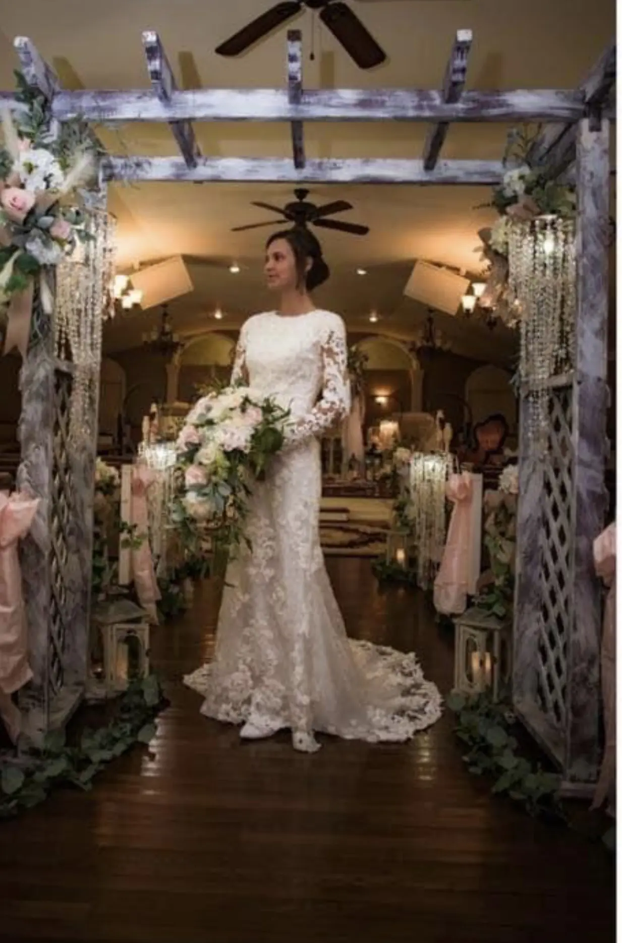 Bride Wearing Modest Lace Bridal Gown Called Tuscany Leigh By Maggie Sottero