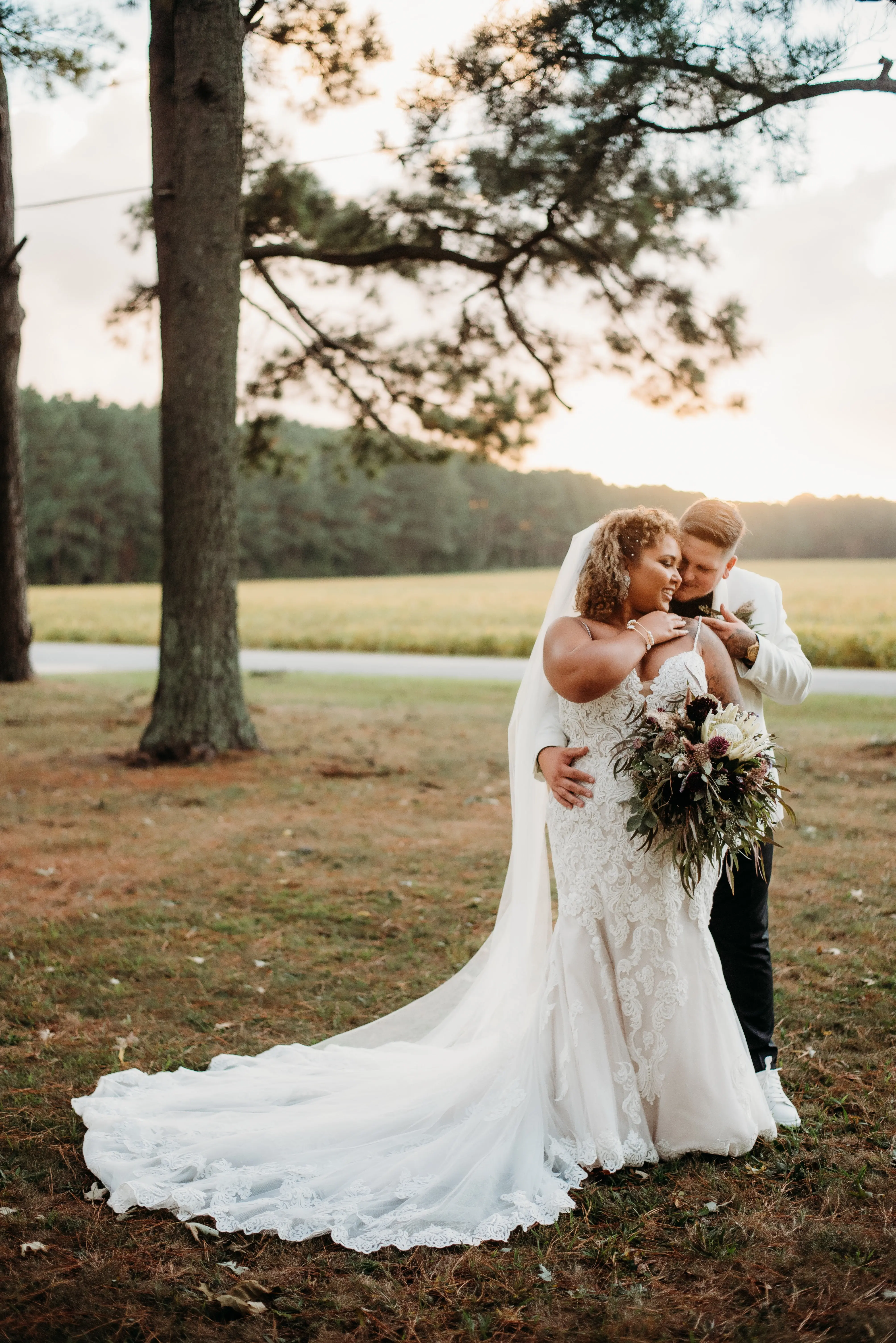 Real Bride in Breaded Sparkly Lace Fit-and-Flare Dress with Scalloped Illusion Lace Train Called Fiona by Maggie Sottero