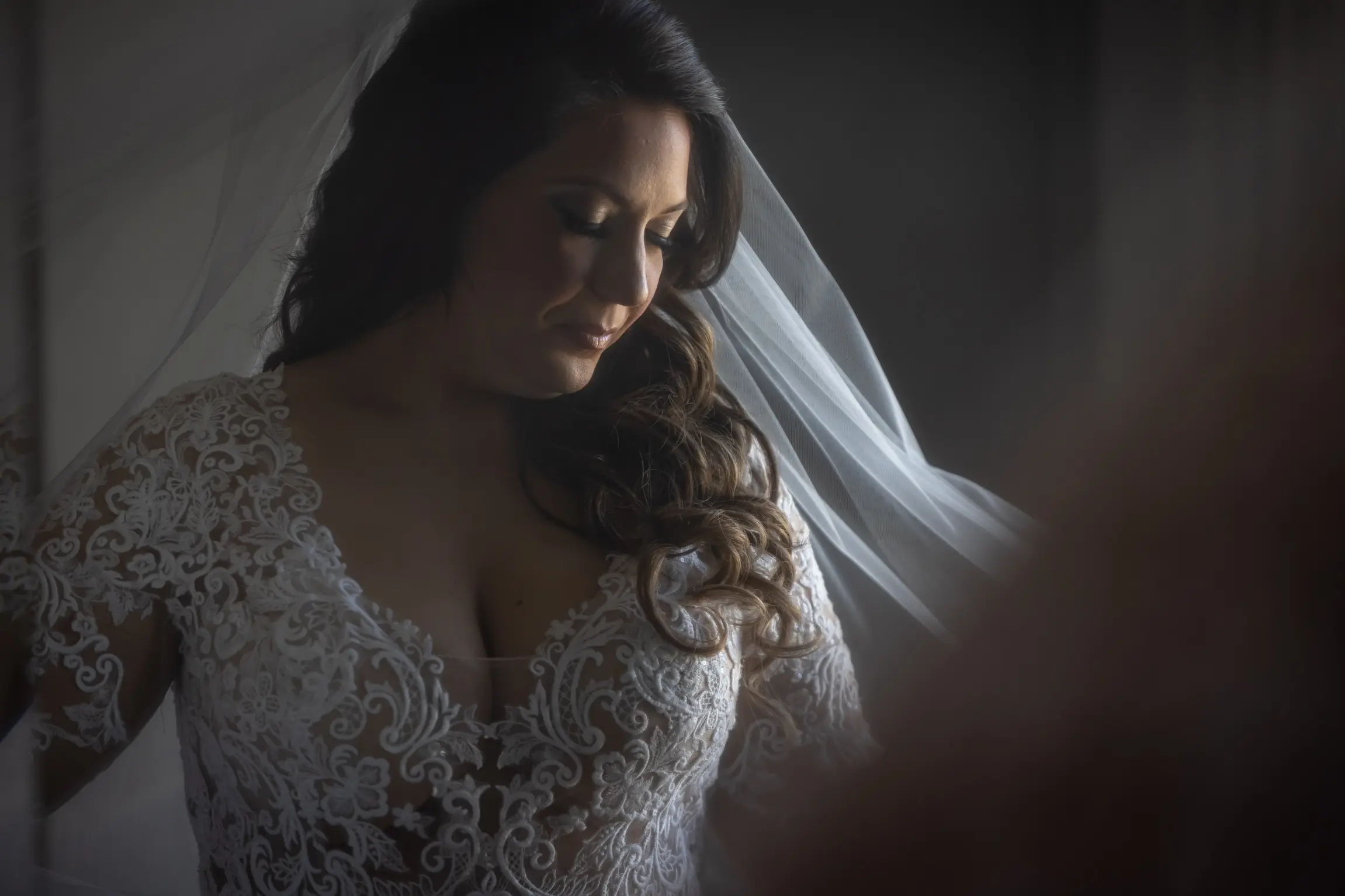 Bride Wearing Long Sleeve Sheath Wedding Dress Althea By Maggie Sottero