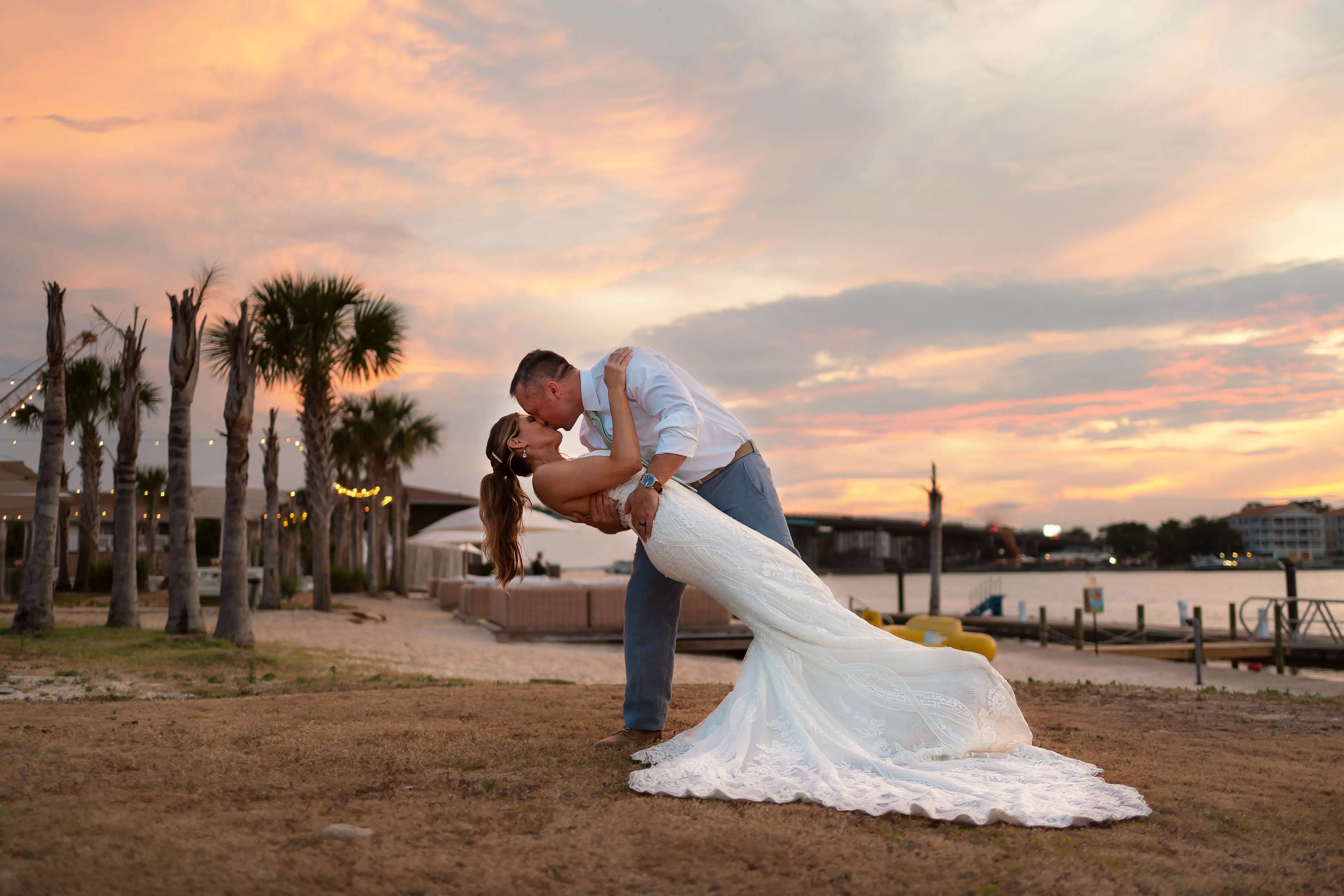 Bride In Sexy V-Back Bailey Sottero Midgley With Groom