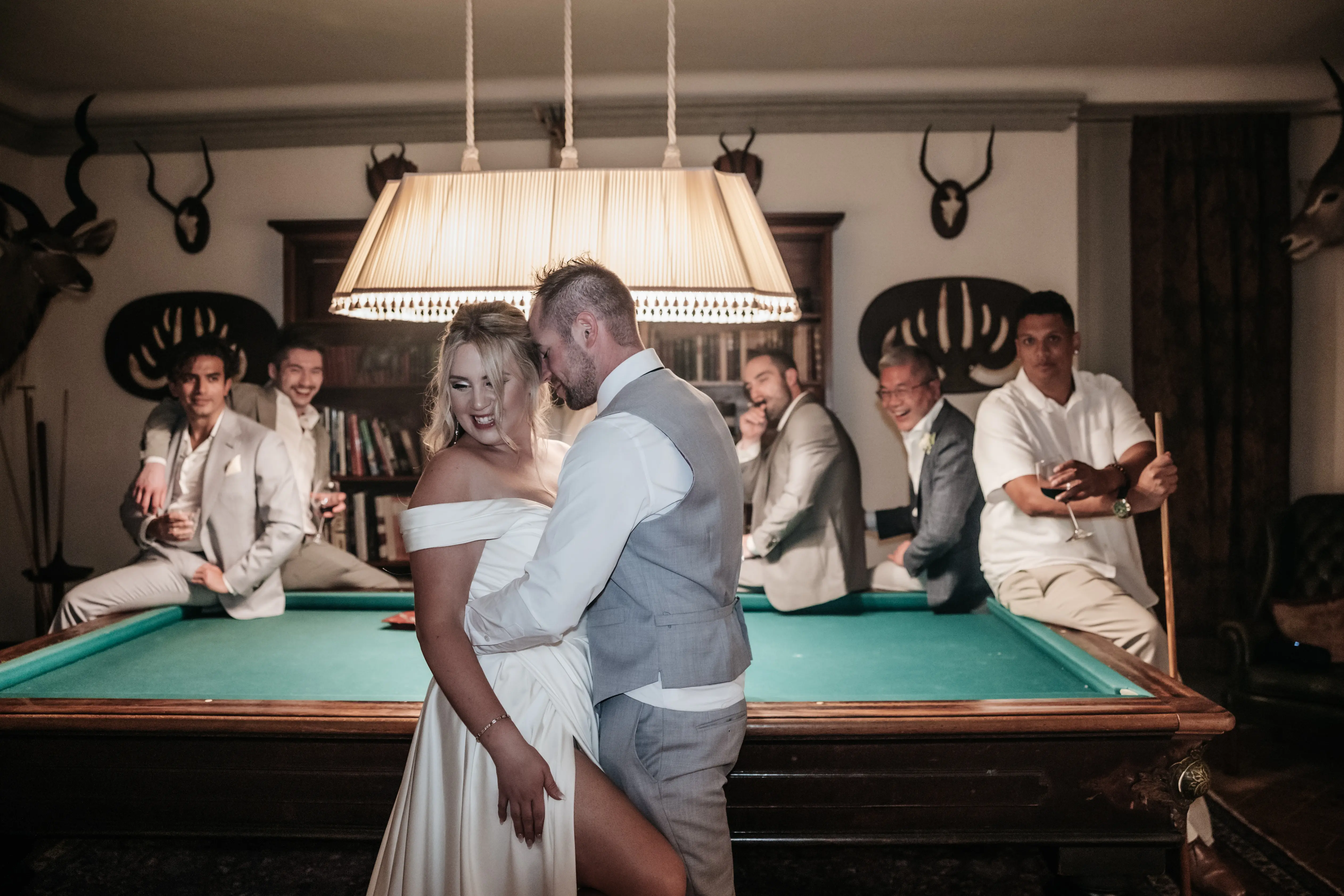 Groom With Bride Wearing A-Line Satin Off-The-Shoulder Satin Wedding Dress Ekaterina By Maggie Sottero