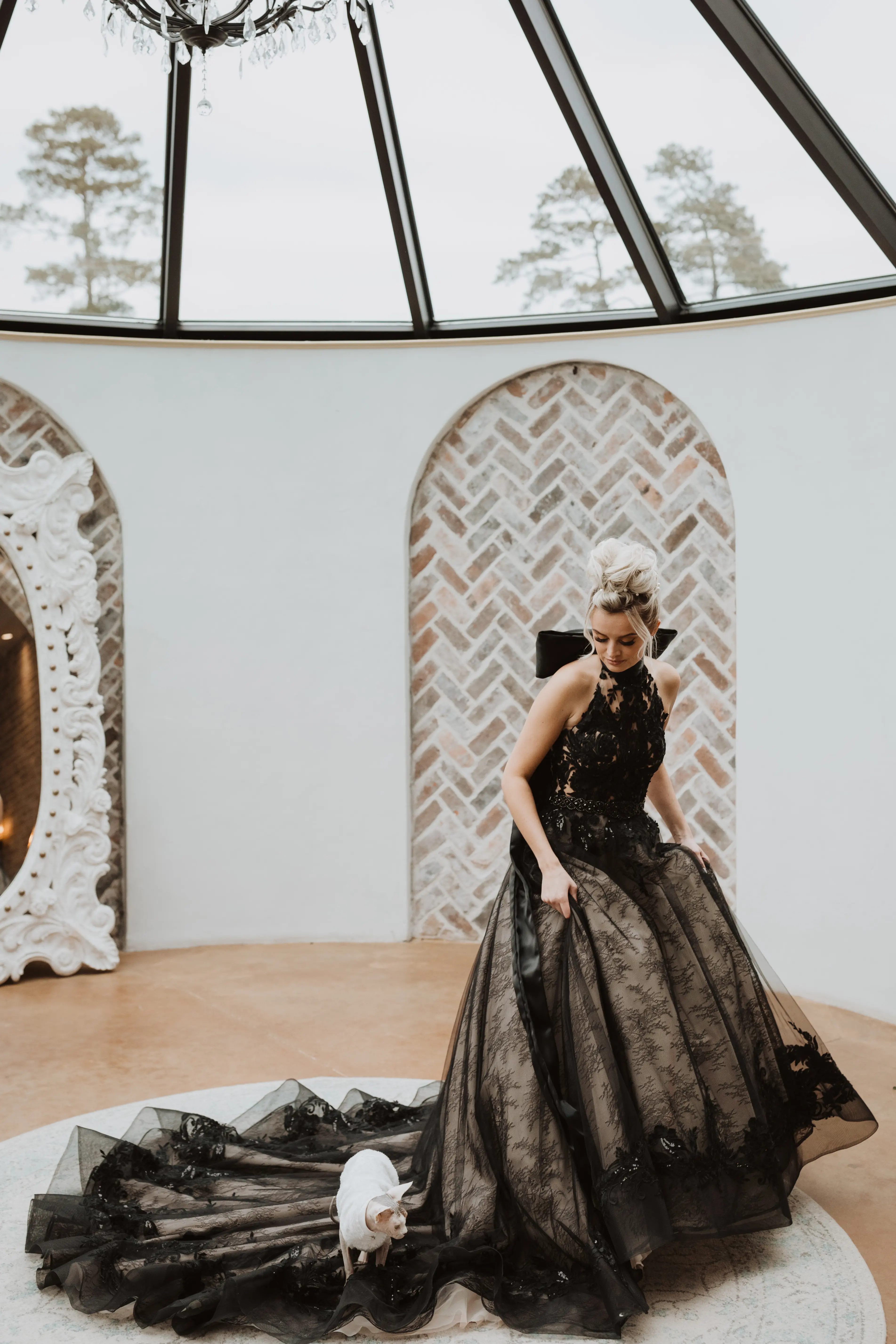 Real Bride in Beautiful Black Ball Gown Wedding Dress with Contrasting Layers of Tulle, Lace Motifs, and Chantilly Lace Called Zander by Sottero & Midgley