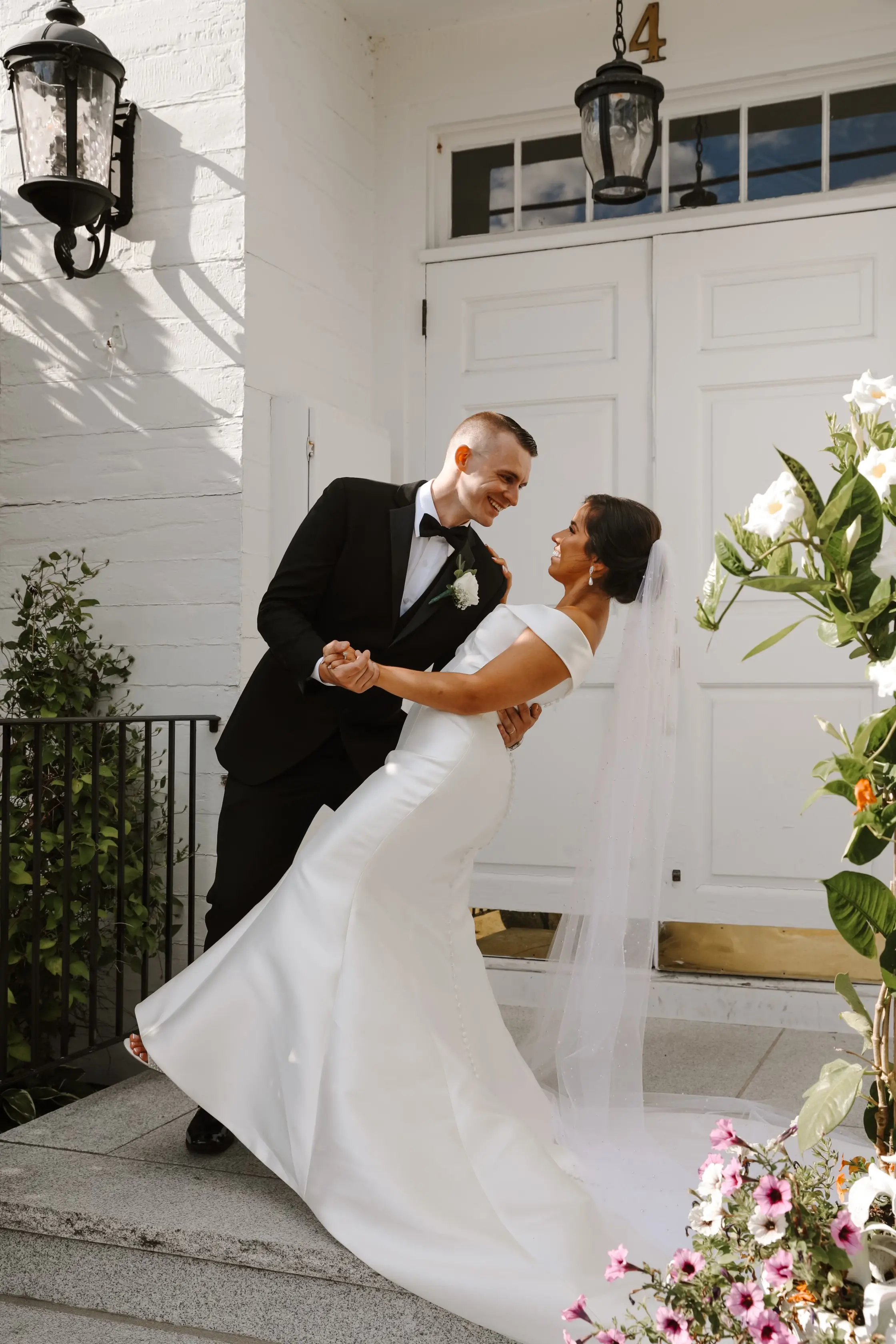 Groom With Bride Wearing Vintage Off The Shoulder Fit-And-Flare Wedding Dress Josie By Rebecca Ingram