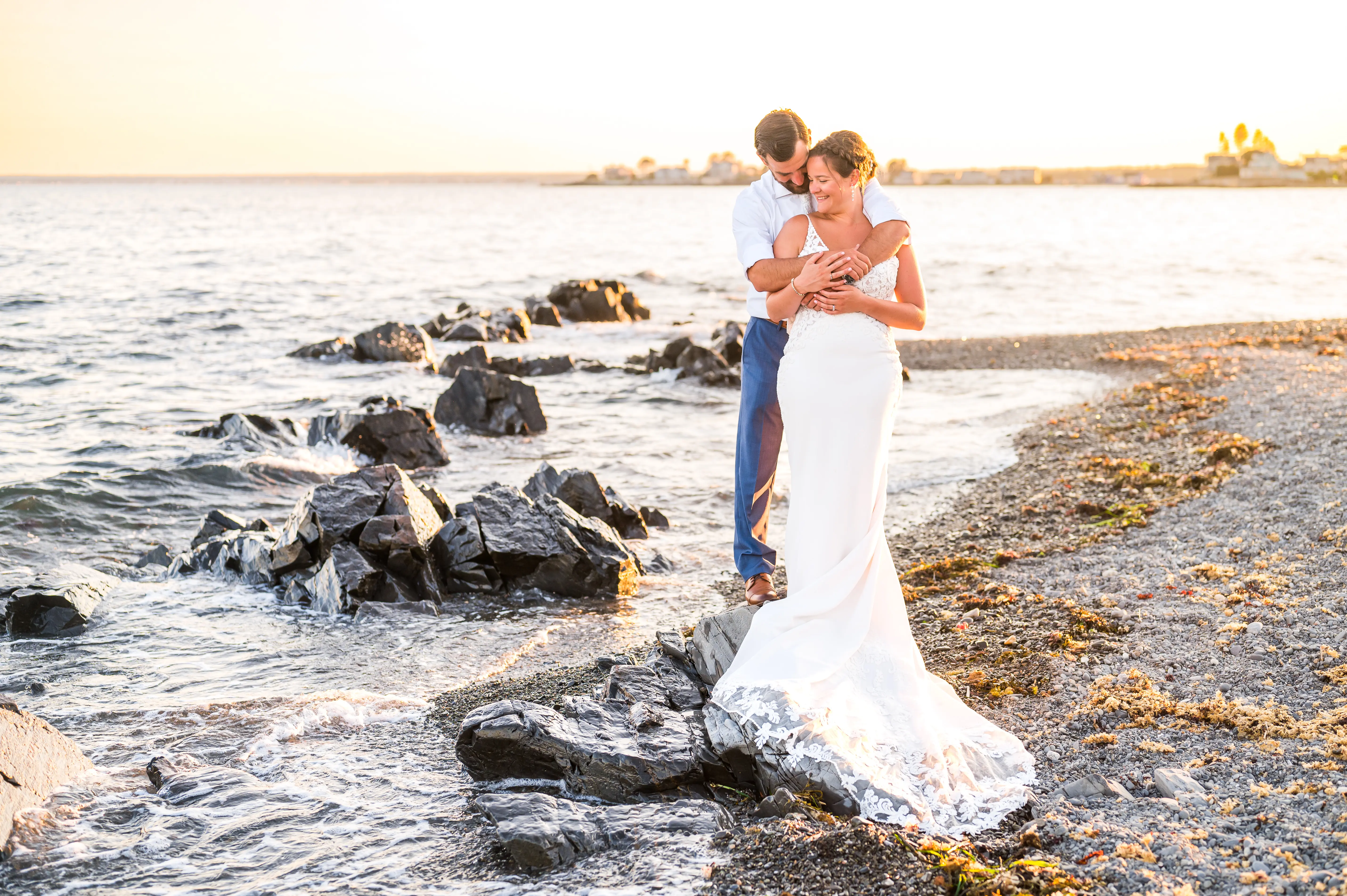 Groom With Bride Wearing Lace Spaghetti Strap Mermaid Wedding Dress Nikki By Maggie Sottero