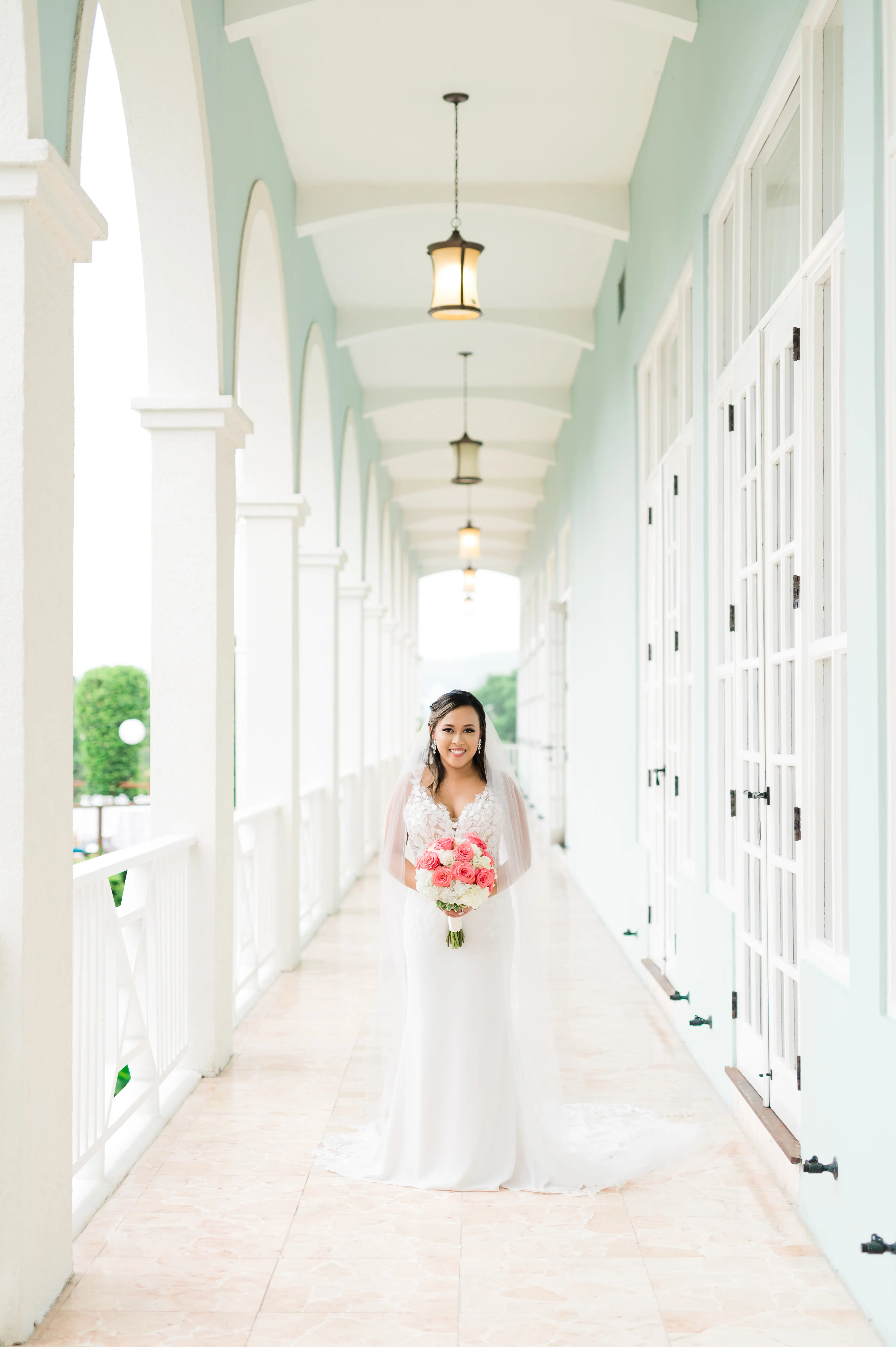 Real Bride in Backless Crepe Wedding Gown with Scalloped Lace Cutout Train Called Baxley by Maggie Sottero