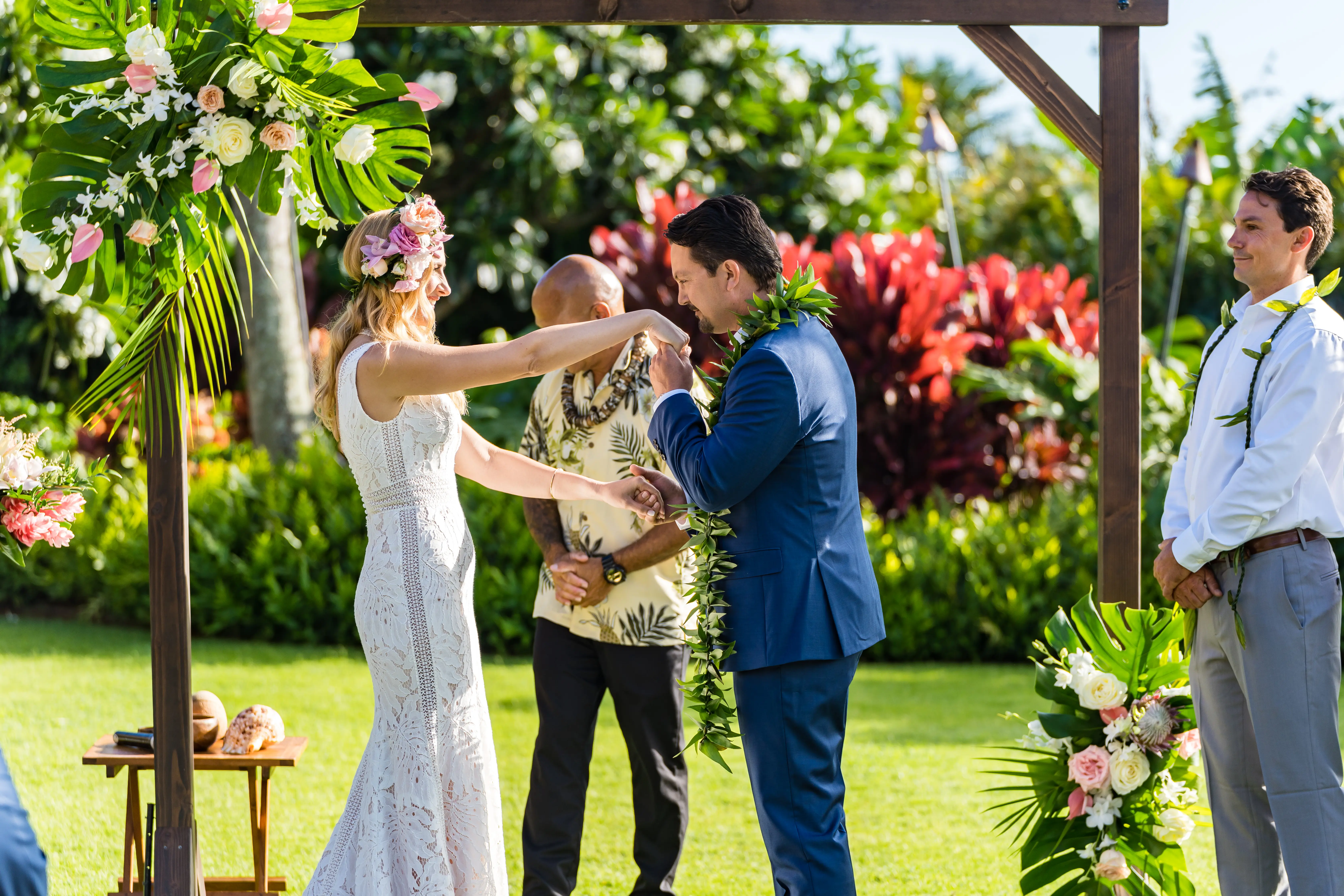Tropical Bride During Ceremony In Lace Dress Called Burke By Maggie Sottero