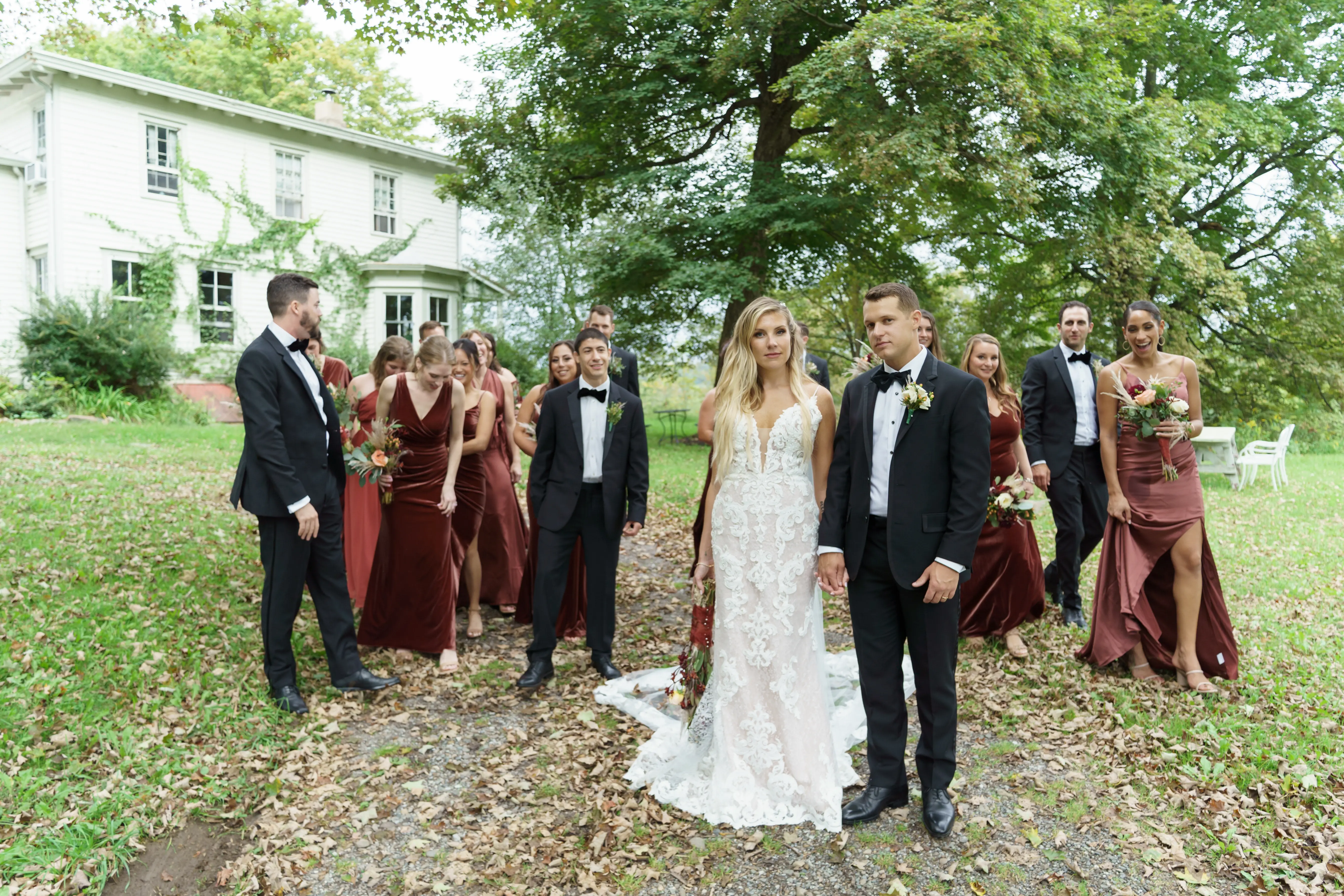 Bride wearing Lace Sheath Wedding Dress called Tuscany Lynette by Maggie Sottero, Groom and the Bridal party