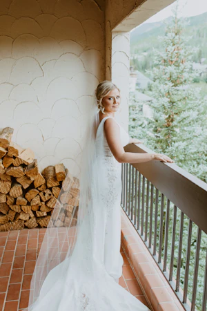Bride Wearing Simple Vintage V-back Dress Abbott Dawn By Sottero and Midgley