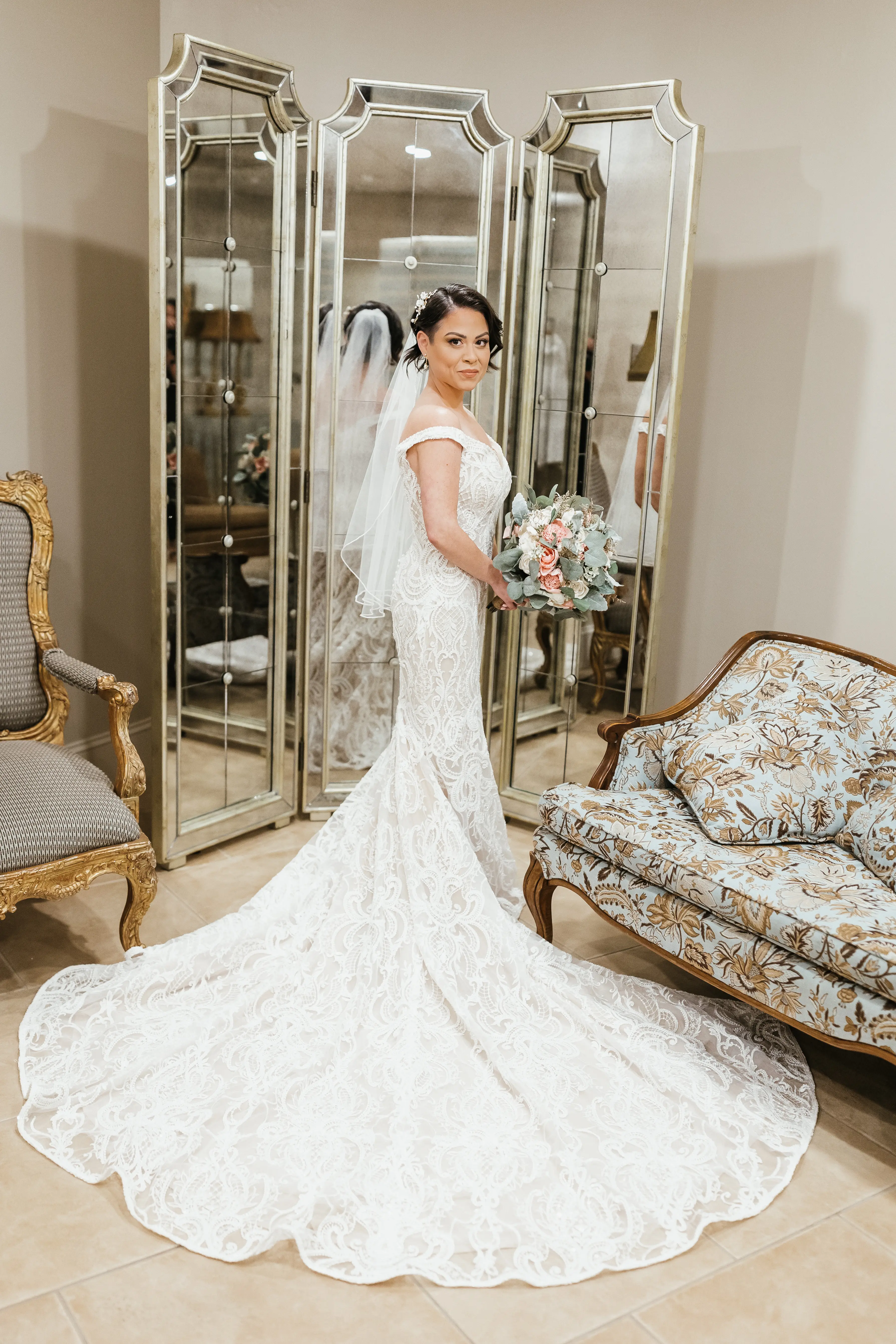 Bride Wearing Beaded Lace Off-the-Shoulder Wedding Gown Called Elias by Sottero and Midgley