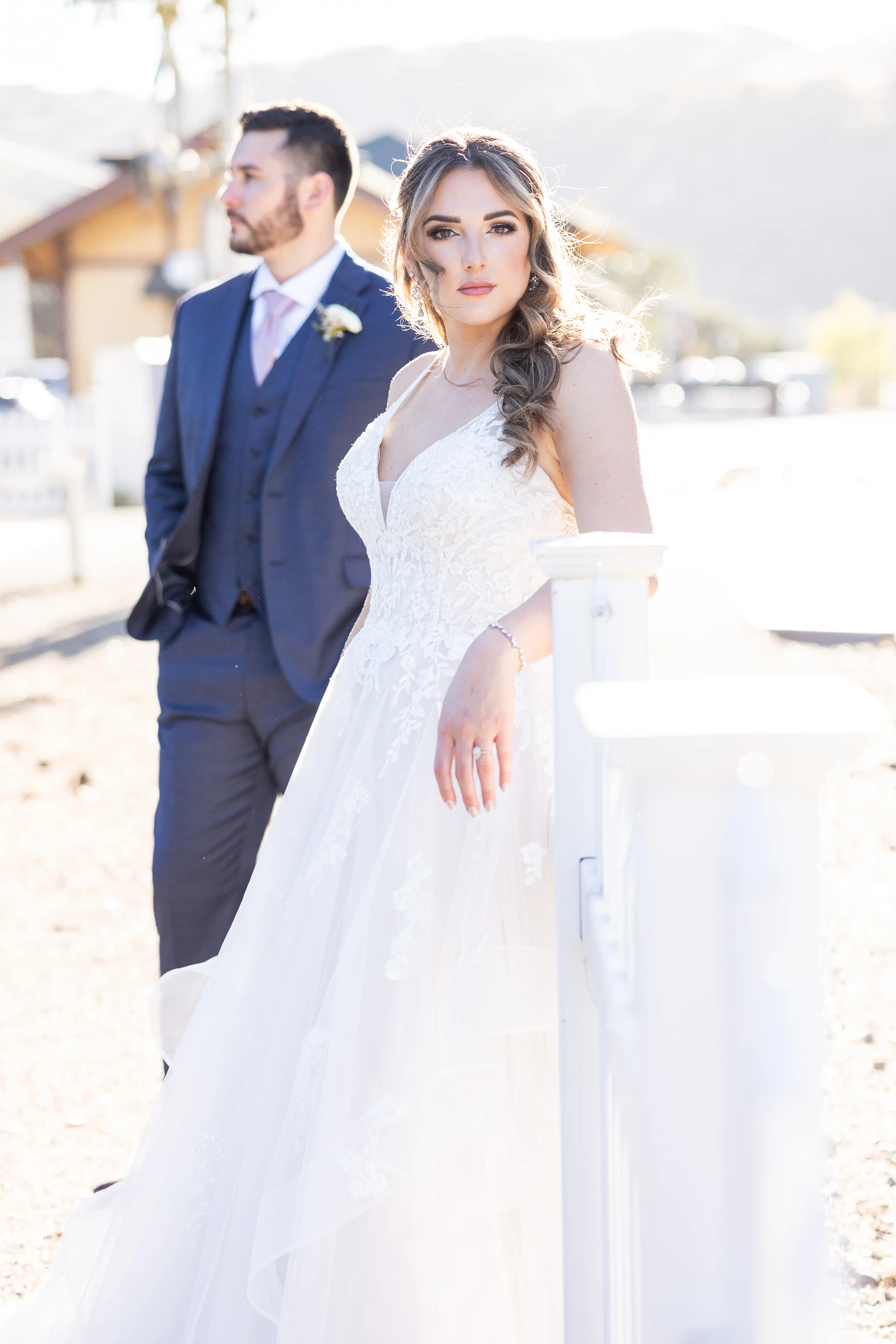 Groom With Bride Wearing Lace Wedding Dress With Tiered Tulle Skirt Lettie By Rebecca Ingram