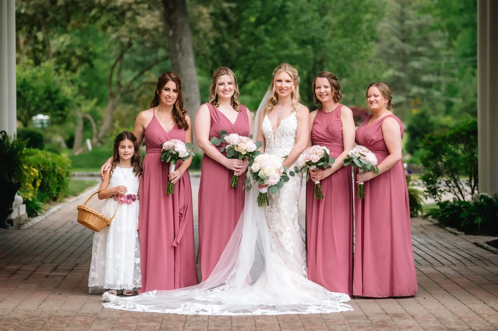 Bride In Sheath Illusion Bodice Tuscany Lynette Maggie Sottero With Bridesmaid in Pink