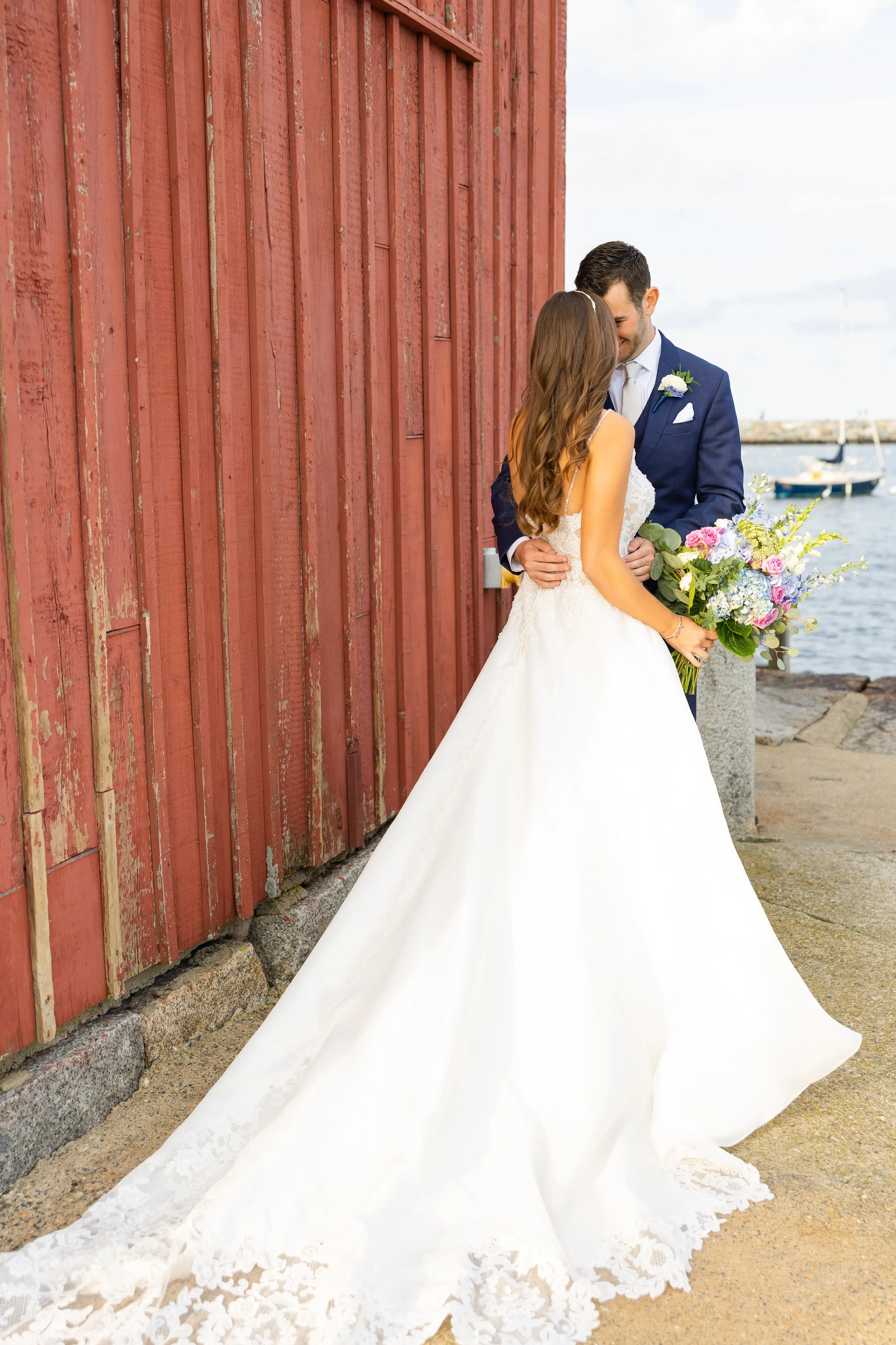 Groom with Bride in Flirty A-Line Wedding Dress with Beaded Lace Motifs and Sheer Bodice Called Savannah by Maggie Sottero